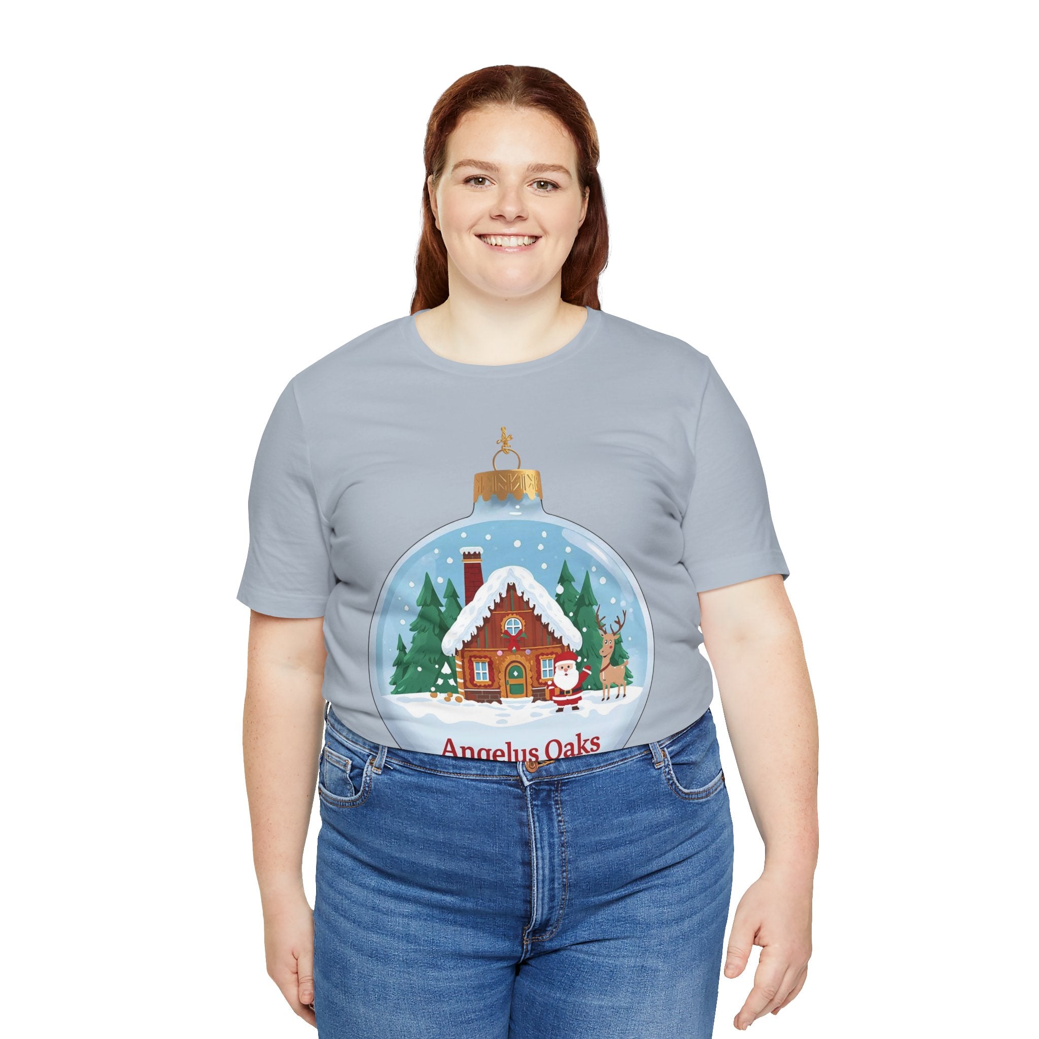 Angelus Oaks Christmas Shirt – Santa & Reindeer Cabin Ornament Tee | Mountain Town Holiday Shirt | Bella Canvas 3001