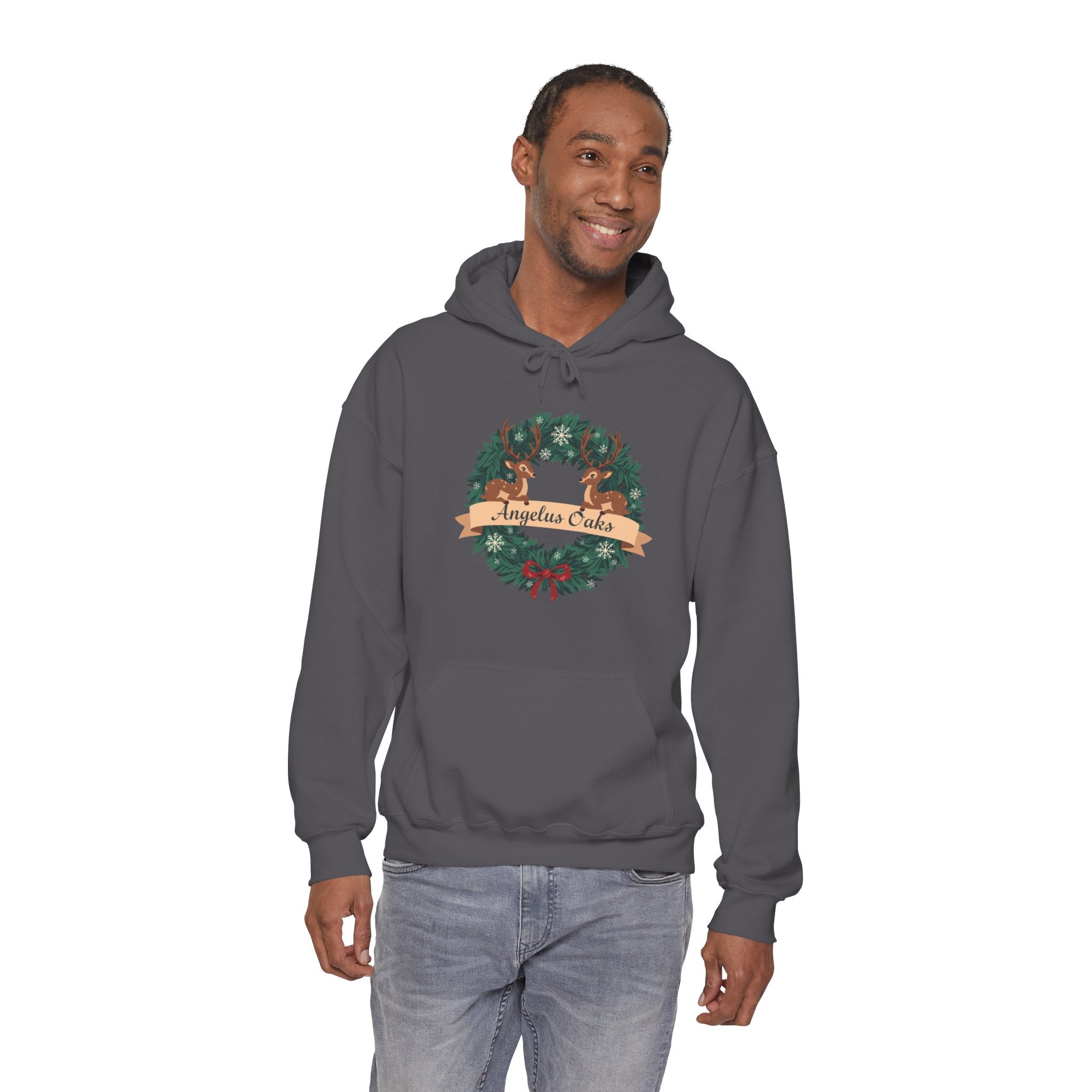 Angelus Oaks Christmas Hoodie – Deer Wreath Holiday Hoodie | Cozy Mountain Town Christmas Sweater | Gildan 18500
