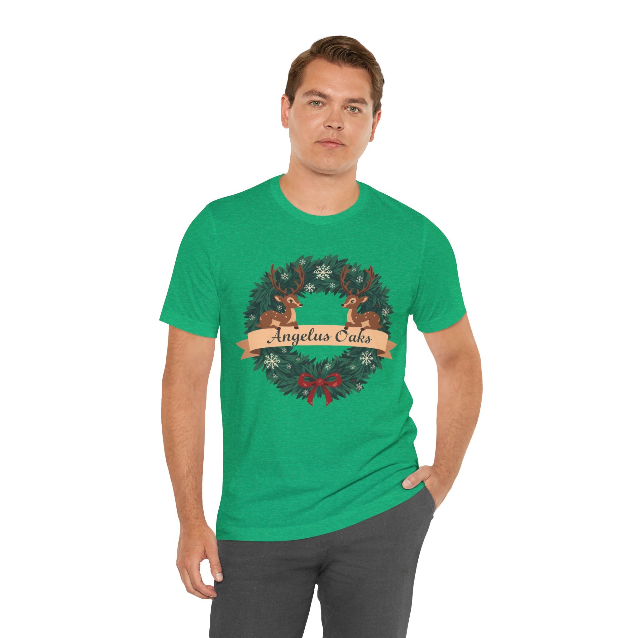 Angelus Oaks Christmas Shirt – Deer Wreath Holiday Tee | Mountain Town Christmas Shirt | Bella Canvas 3001