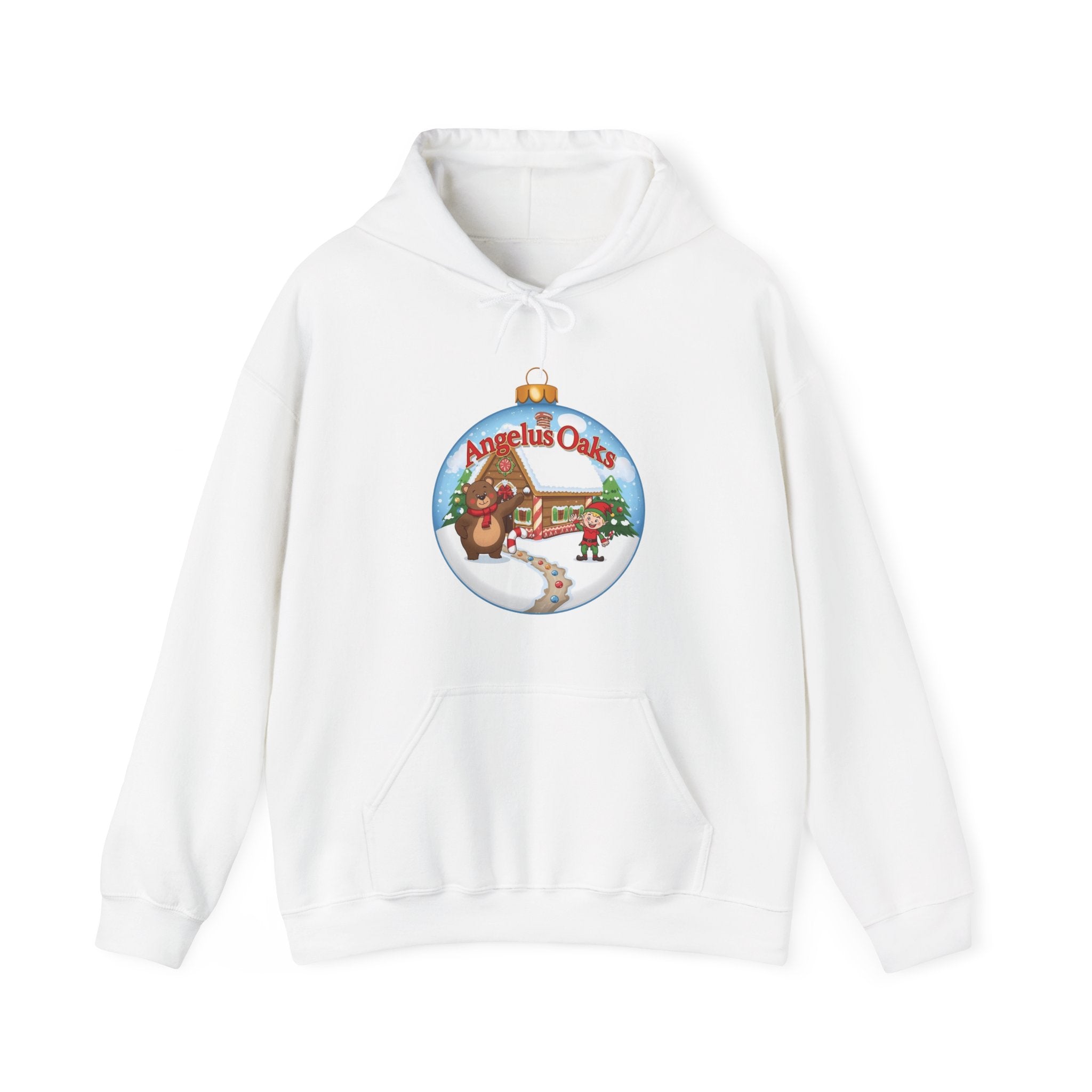 Angelus Oaks Christmas Hoodie – Bear & Elf Gingerbread Holiday Hoodie | Cute Mountain Town Christmas Sweater | Gildan 18500