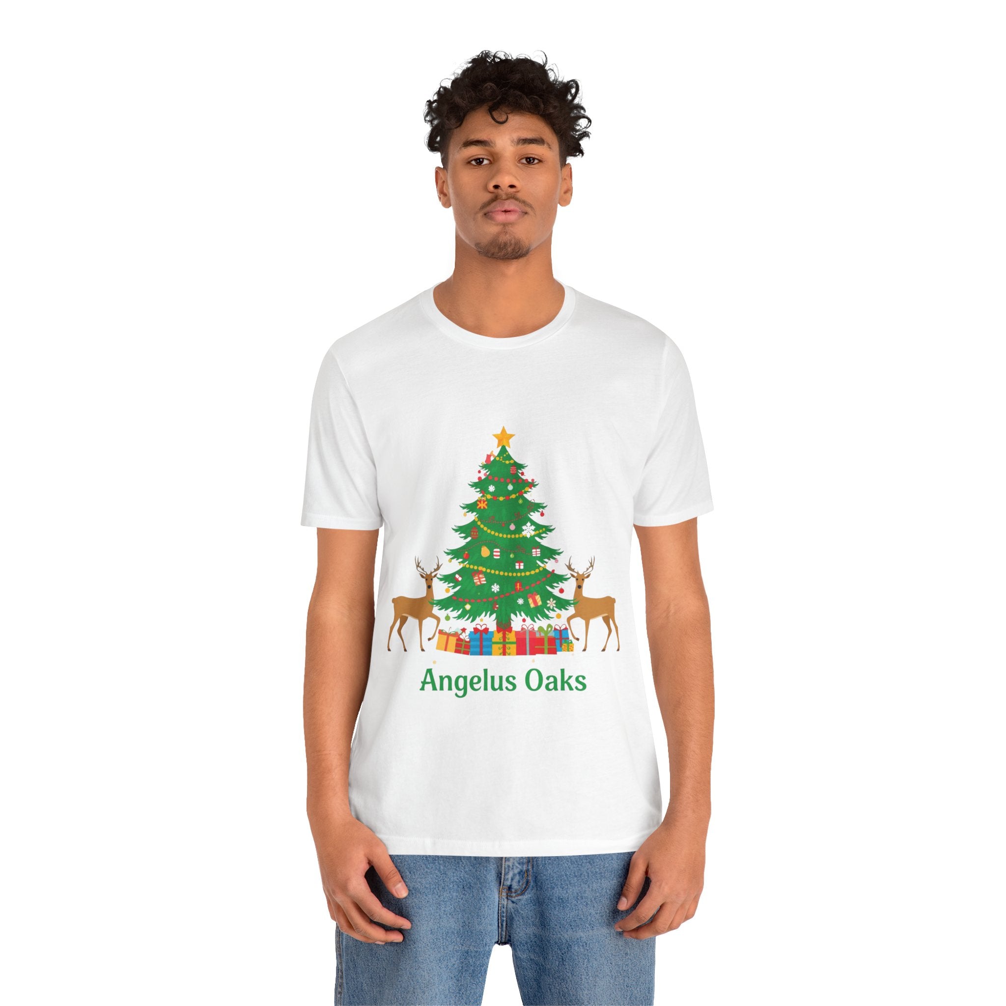 Angelus Oaks Christmas Shirt – Christmas Tree & Deer Holiday Tee | Mountain Town Christmas Shirt | Bella Canvas 3001