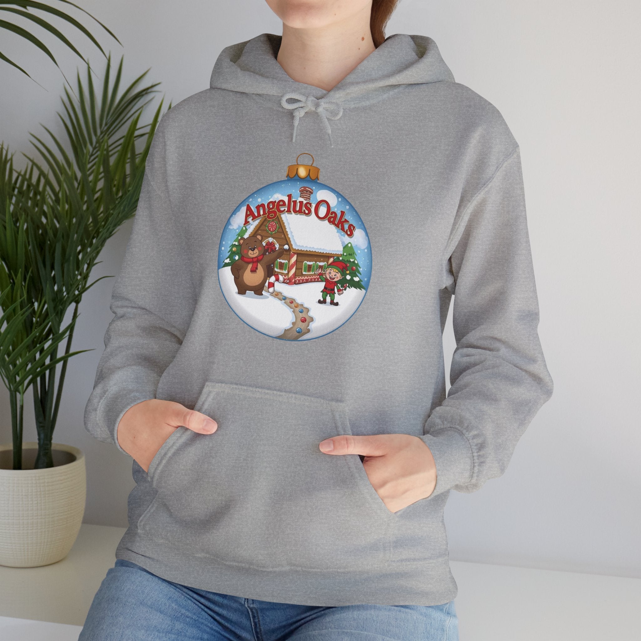 Angelus Oaks Christmas Hoodie – Bear & Elf Gingerbread Holiday Hoodie | Cute Mountain Town Christmas Sweater | Gildan 18500