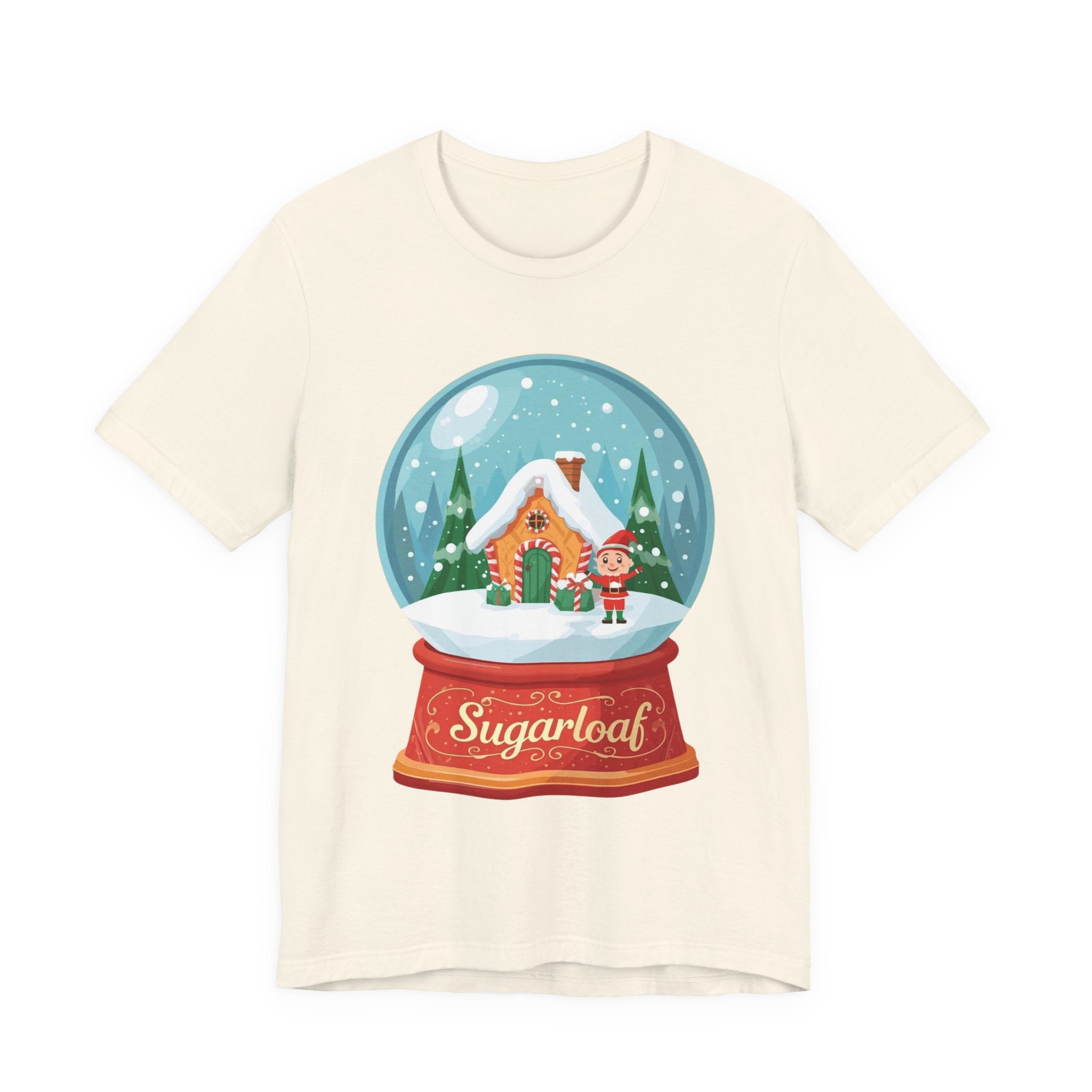 Sugarloaf Christmas Shirt – Snow Globe Elf & Candy Cottage Scene Tee | Mountain Town Christmas Gift | Bella Canvas 3001