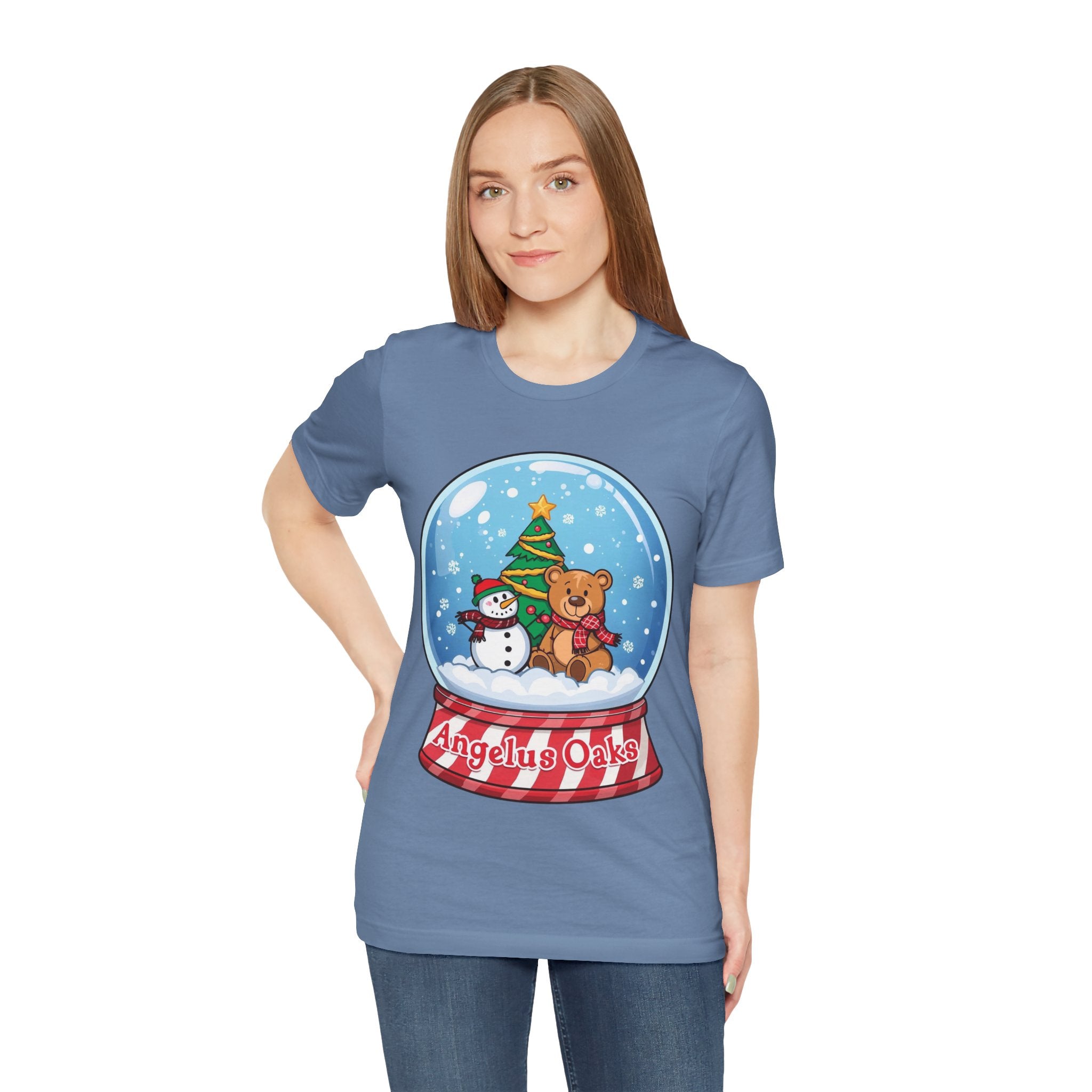 Angelus Oaks Christmas Shirt – Snow Globe Bear & Snowman Holiday Tee | Cute Mountain Town Christmas Shirt | Bella Canvas 3001