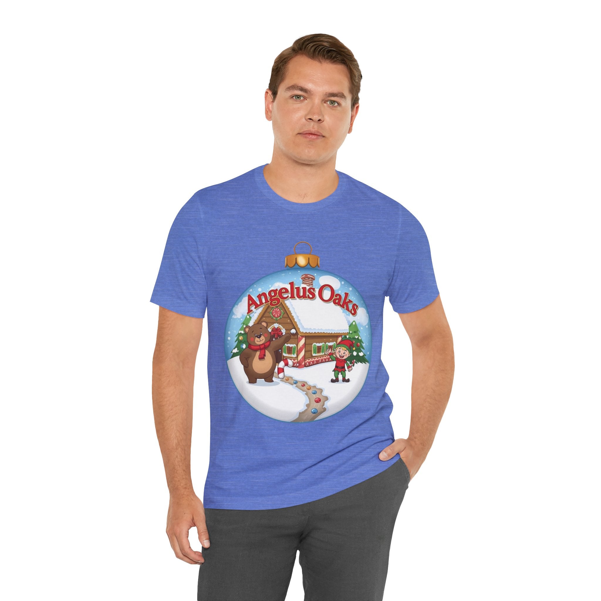 Angelus Oaks Christmas Shirt – Bear & Elf Gingerbread Holiday Tee | Cute Mountain Town Christmas Shirt | Bella Canvas 3001