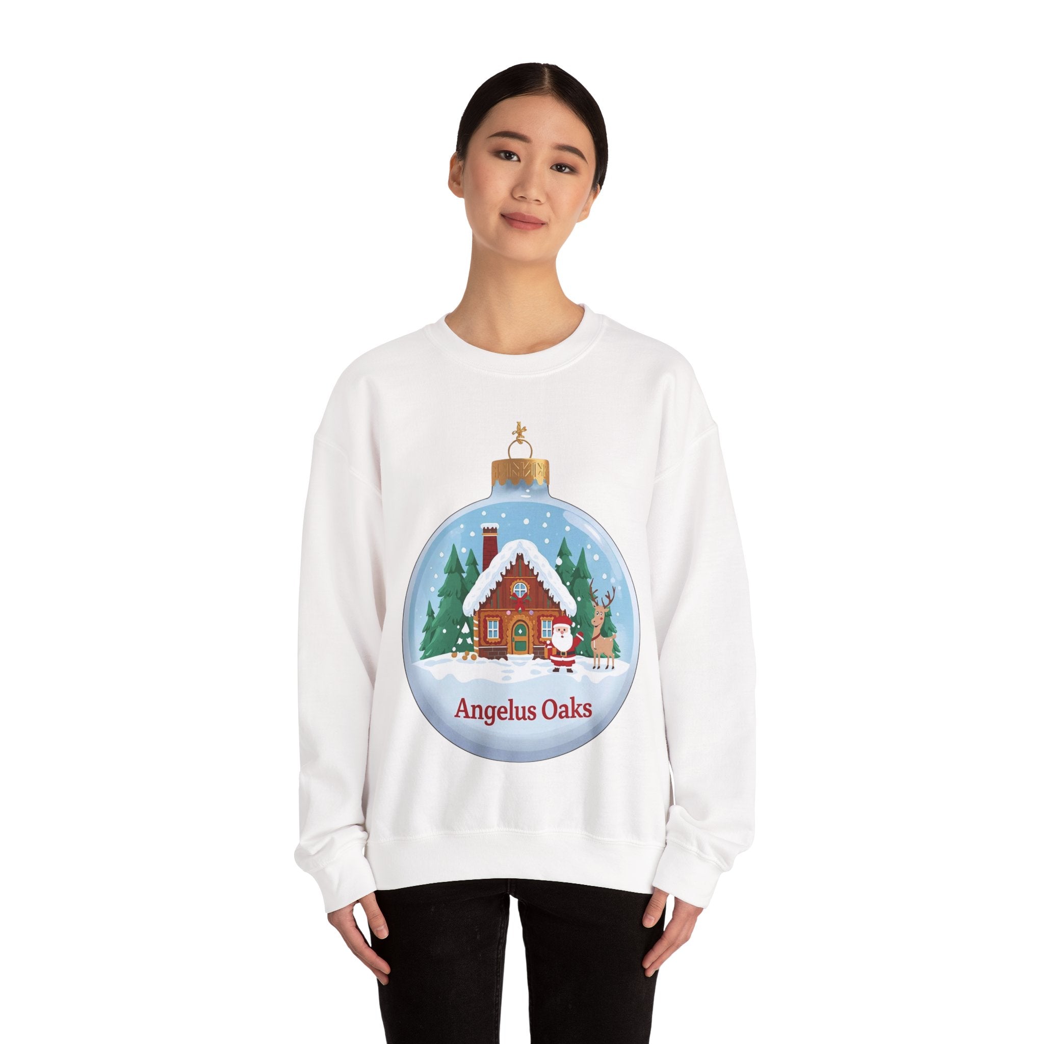 Angelus Oaks Christmas Sweatshirt – Santa & Reindeer Cabin Ornament Crewneck | Mountain Town Holiday Sweater | Gildan 18000