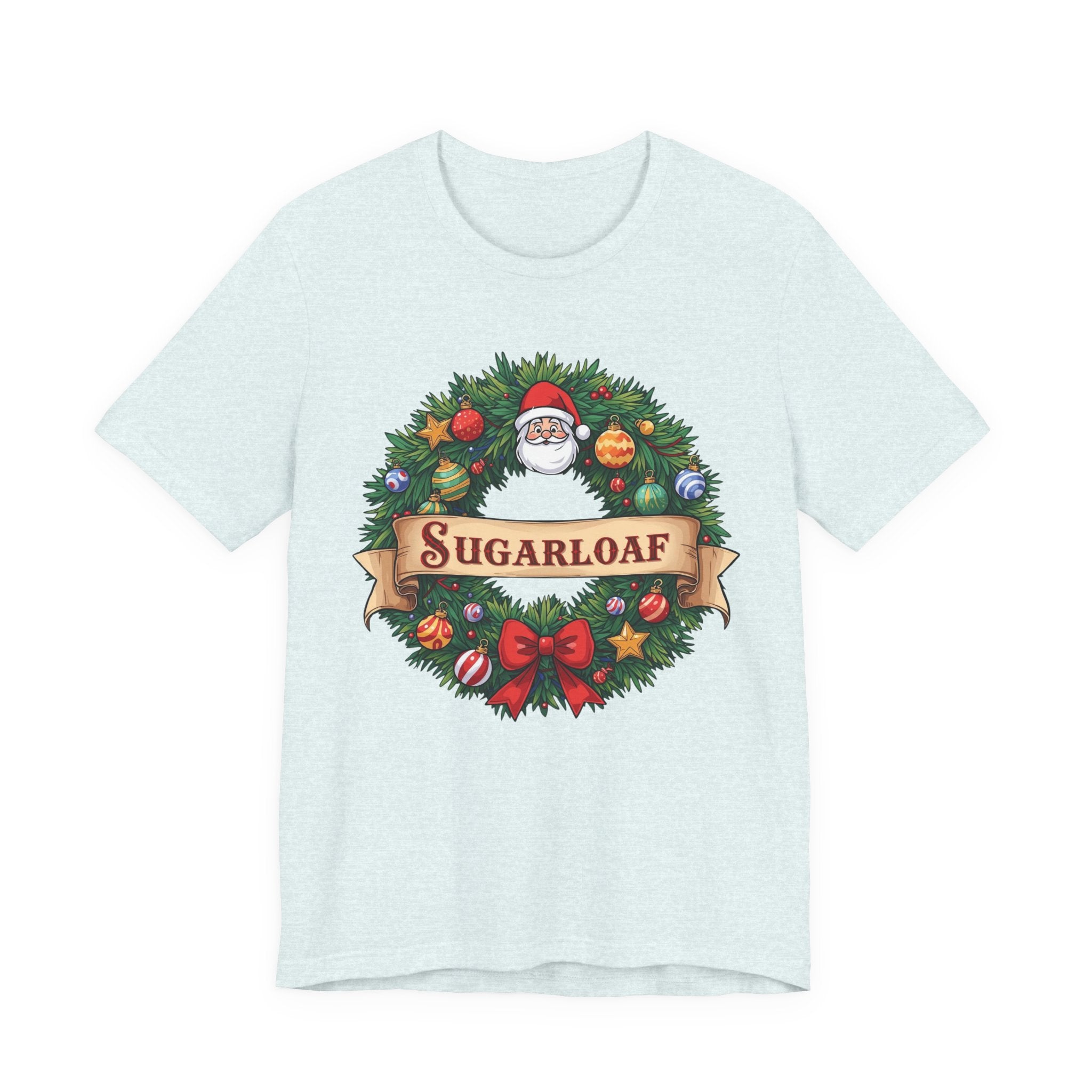Sugarloaf Christmas Shirt – Festive Santa Wreath & Ornaments Tee | Mountain Town Christmas Gift | Bella Canvas 3001