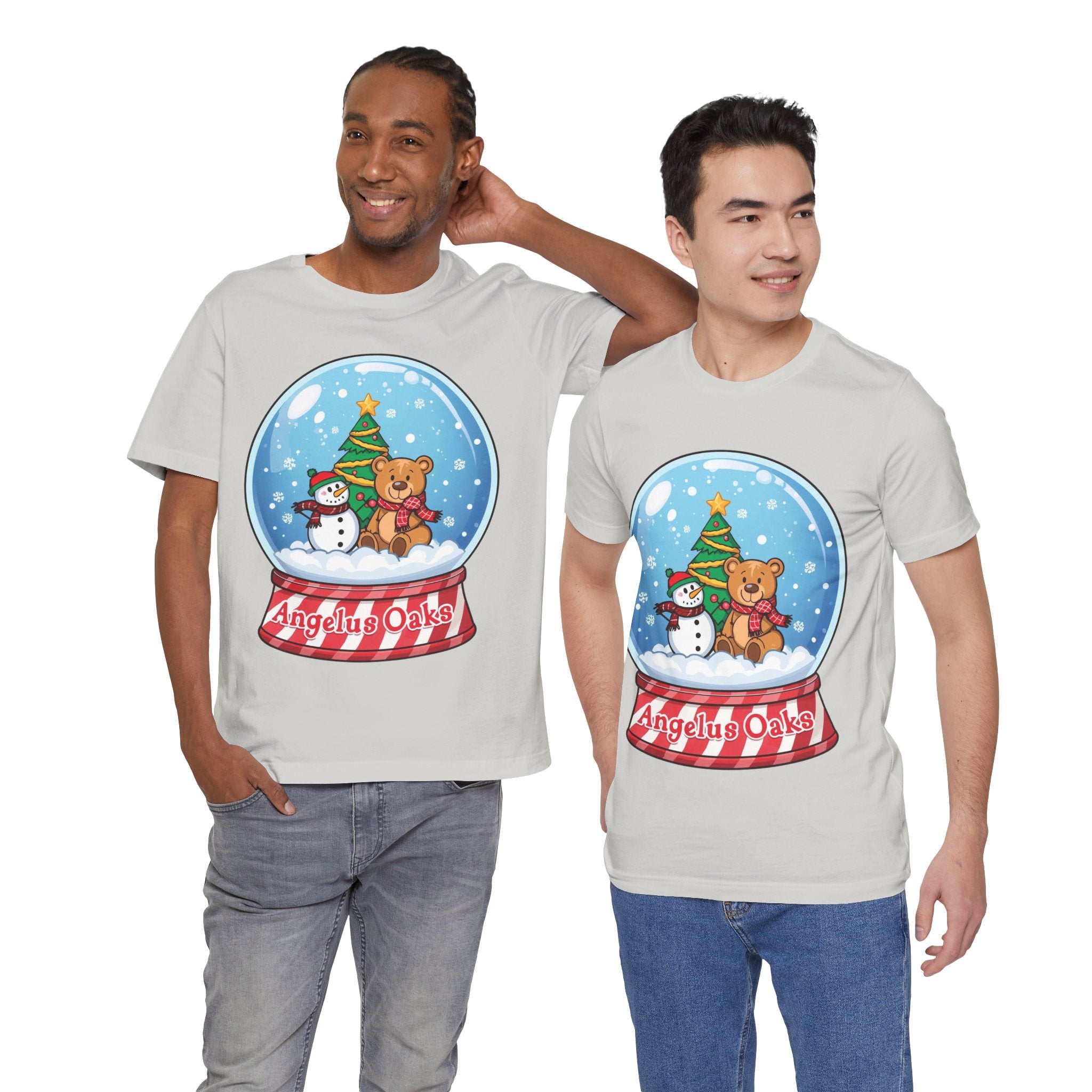 Angelus Oaks Christmas Shirt – Snow Globe Bear & Snowman Holiday Tee | Cute Mountain Town Christmas Shirt | Bella Canvas 3001