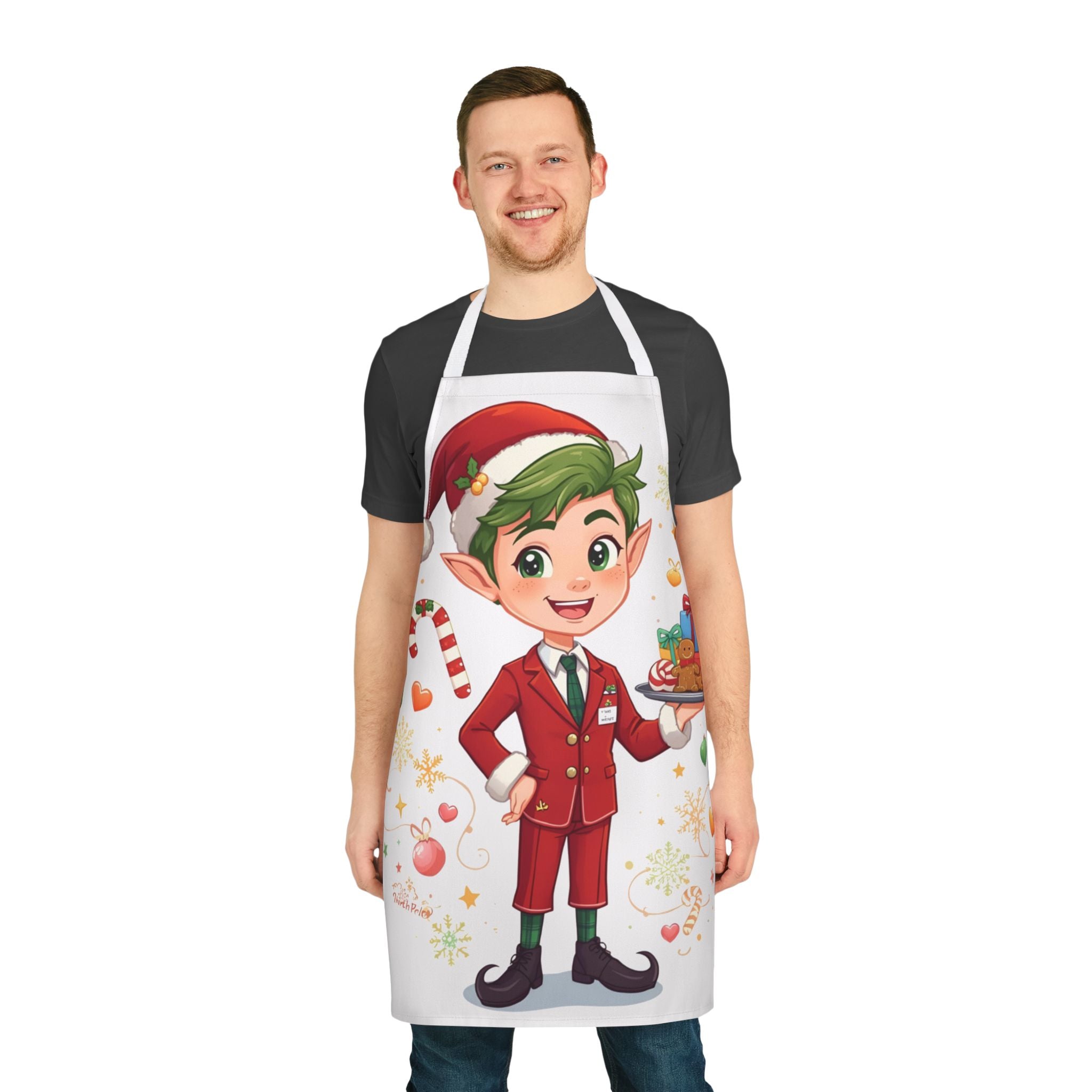 Christmas Elf Apron – Cute Holiday Baking Chef Apron with Candy Cane & Gift Design