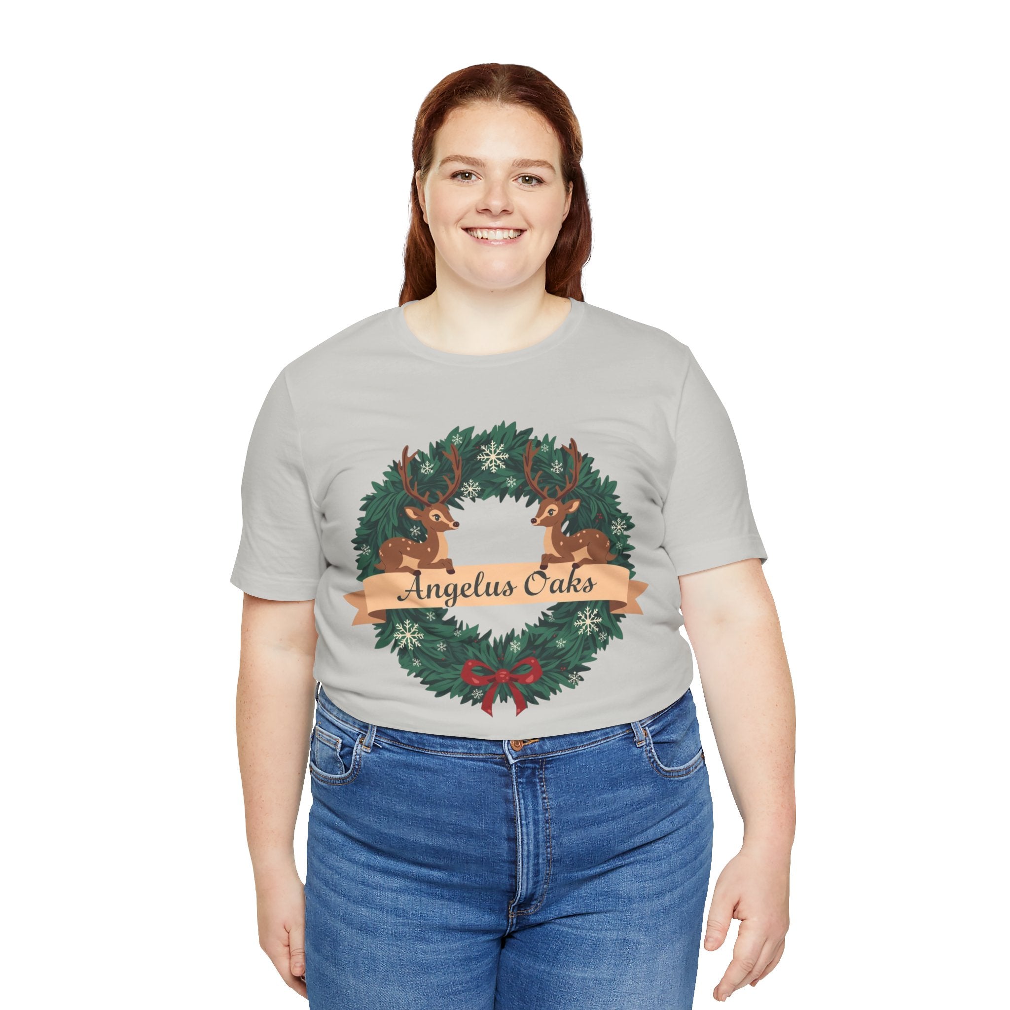 Angelus Oaks Christmas Shirt – Deer Wreath Holiday Tee | Mountain Town Christmas Shirt | Bella Canvas 3001