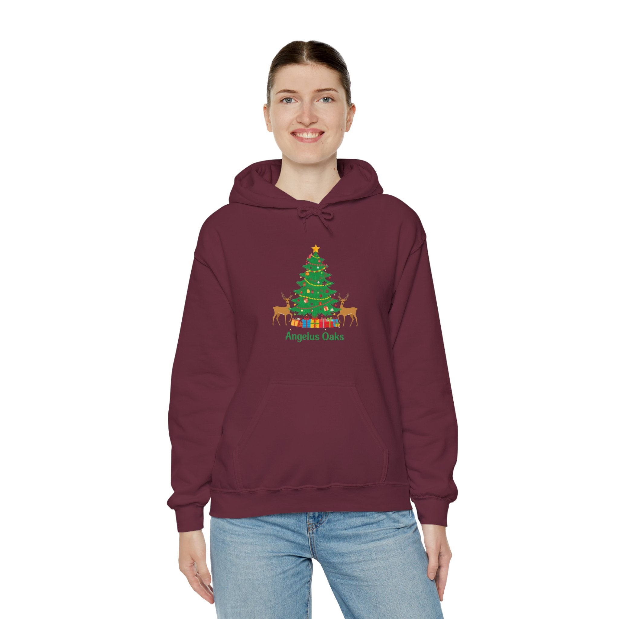 Angelus Oaks Christmas Hoodie – Christmas Tree & Deer Holiday Hoodie | Cozy Mountain Town Christmas Sweater | Gildan 18500