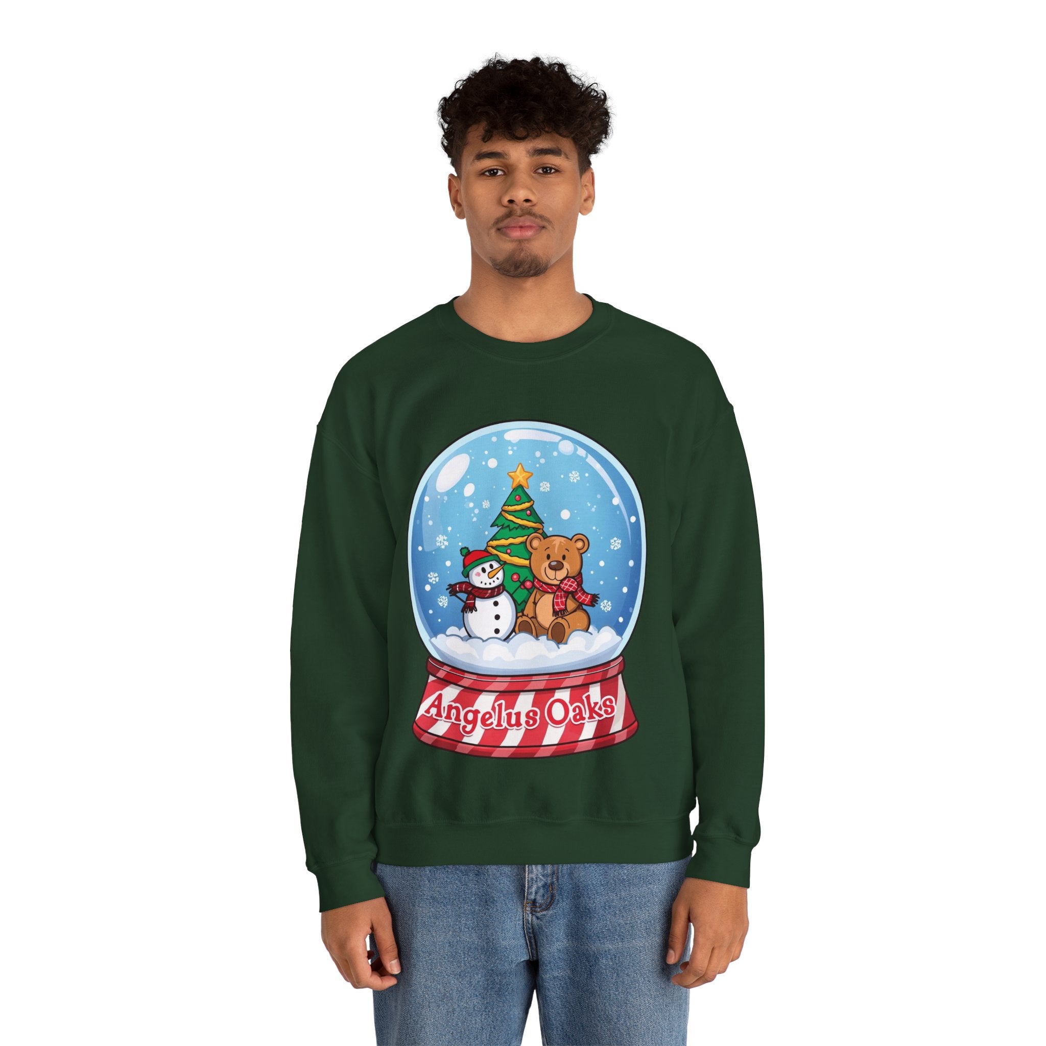 Angelus Oaks Christmas Sweatshirt – Snow Globe Bear & Snowman Crewneck | Cozy Mountain Town Holiday Sweater | Gildan 18000