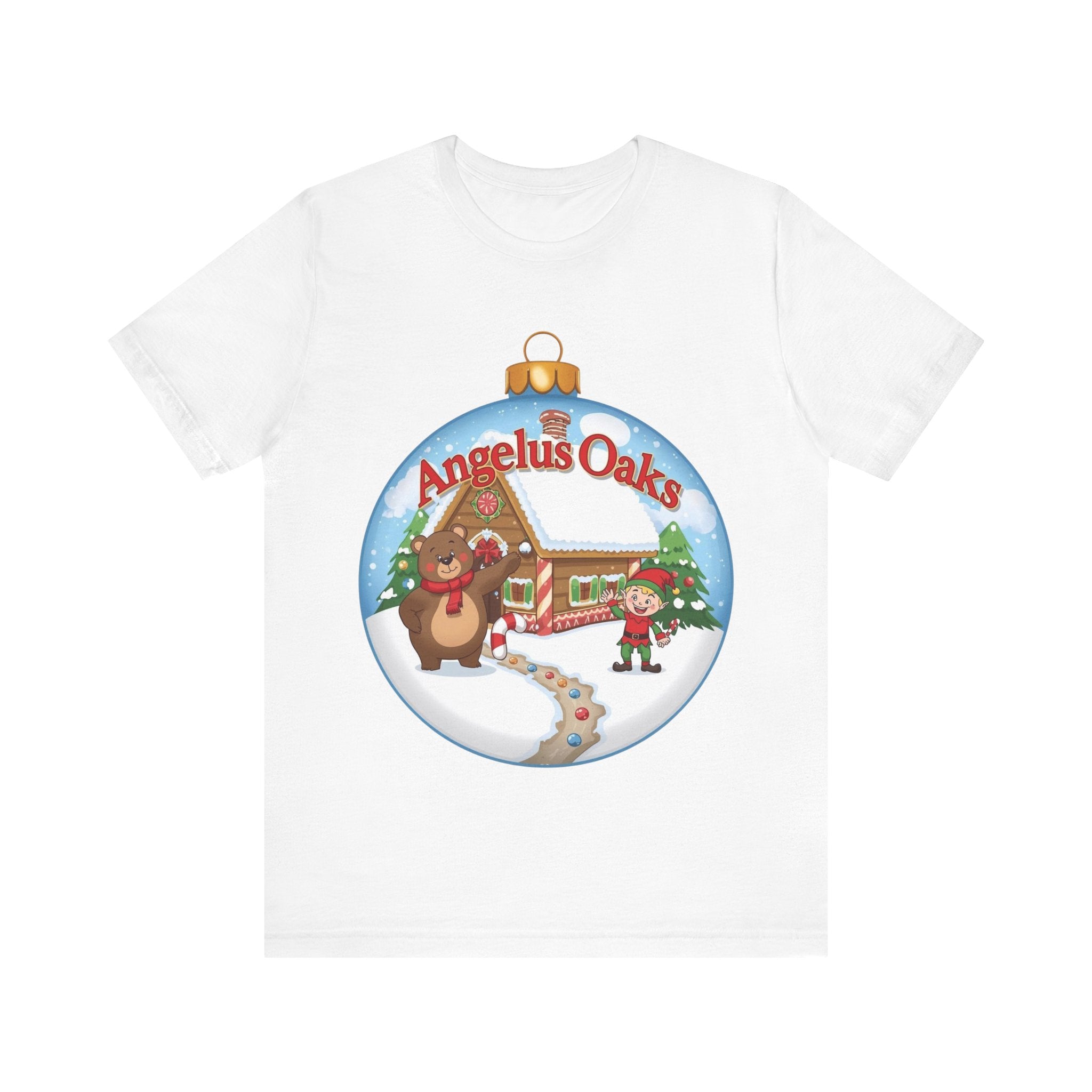Angelus Oaks Christmas Shirt – Bear & Elf Gingerbread Holiday Tee | Cute Mountain Town Christmas Shirt | Bella Canvas 3001
