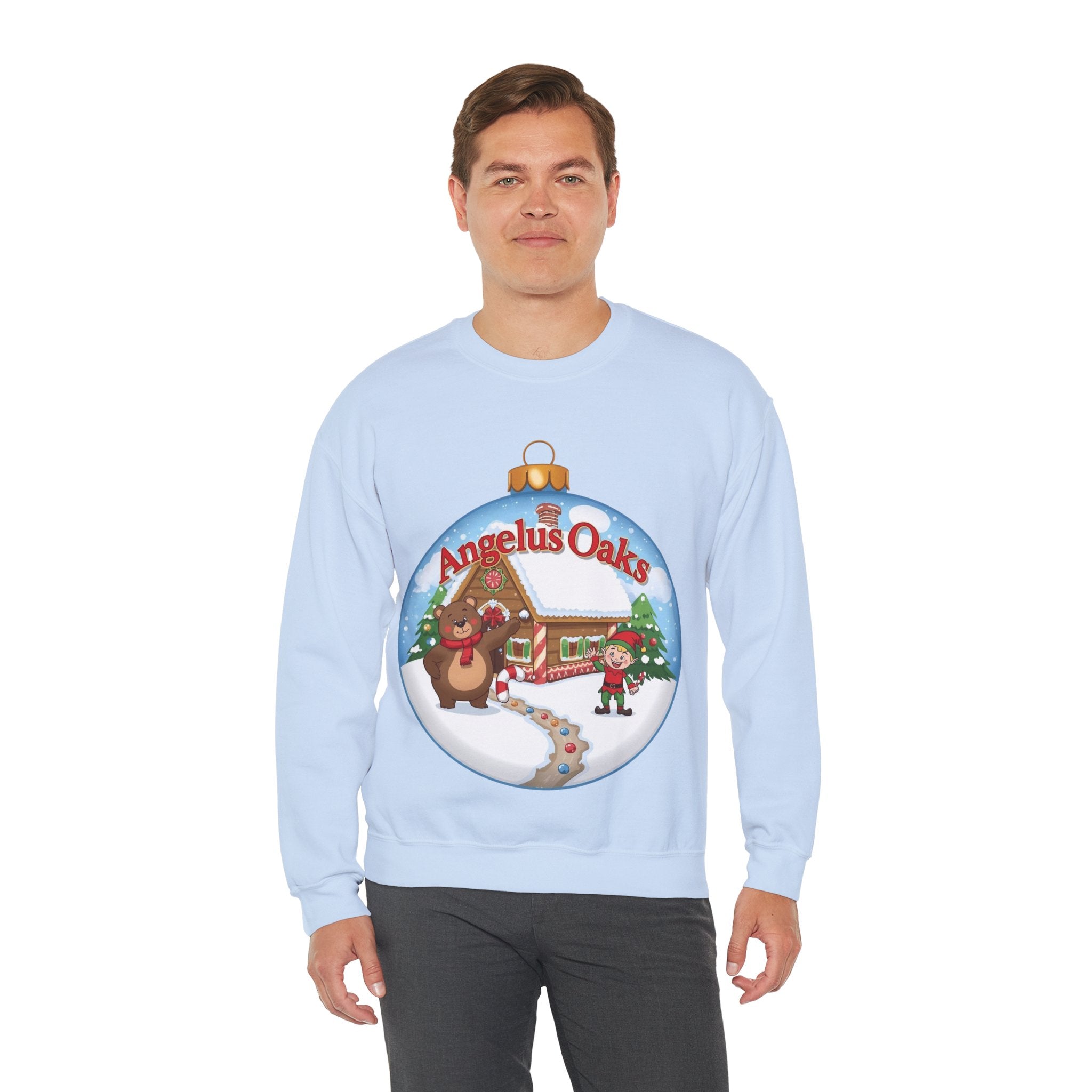 Angelus Oaks Christmas Sweatshirt – Bear & Elf Gingerbread Holiday Crewneck | Cute Mountain Town Christmas Sweater | Gildan 18000