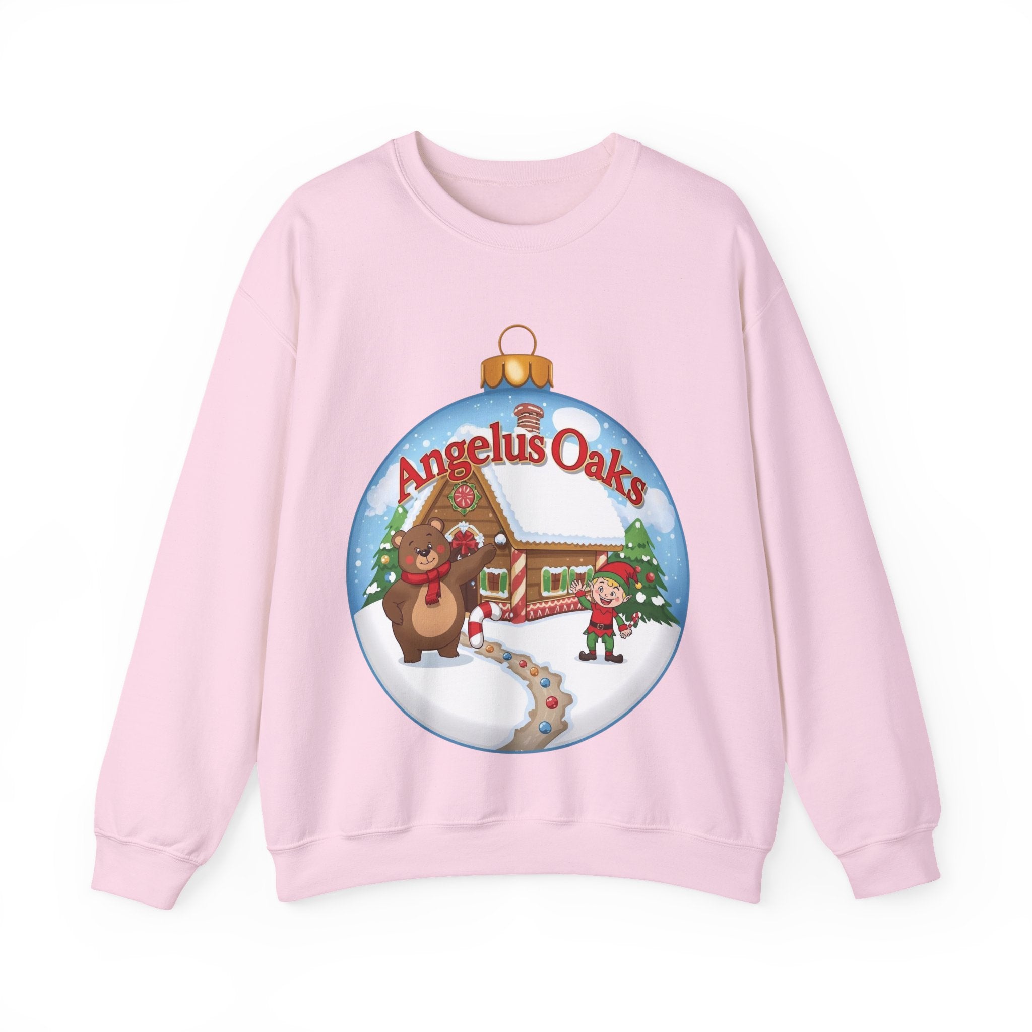 Angelus Oaks Christmas Sweatshirt – Bear & Elf Gingerbread Holiday Crewneck | Cute Mountain Town Christmas Sweater | Gildan 18000
