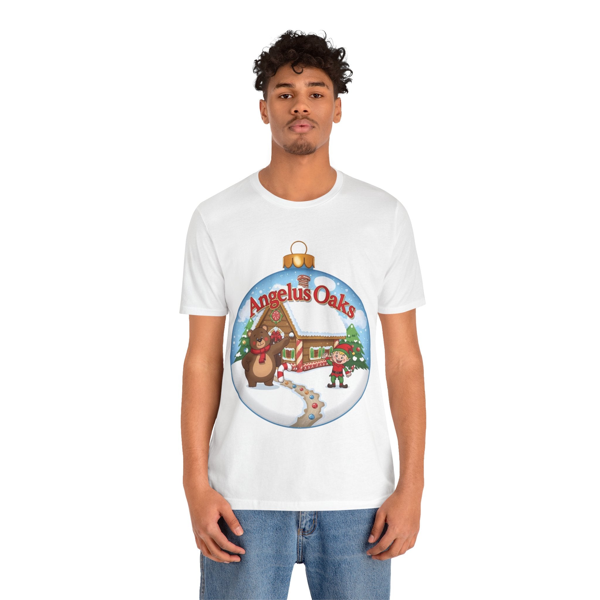 Angelus Oaks Christmas Shirt – Bear & Elf Gingerbread Holiday Tee | Cute Mountain Town Christmas Shirt | Bella Canvas 3001