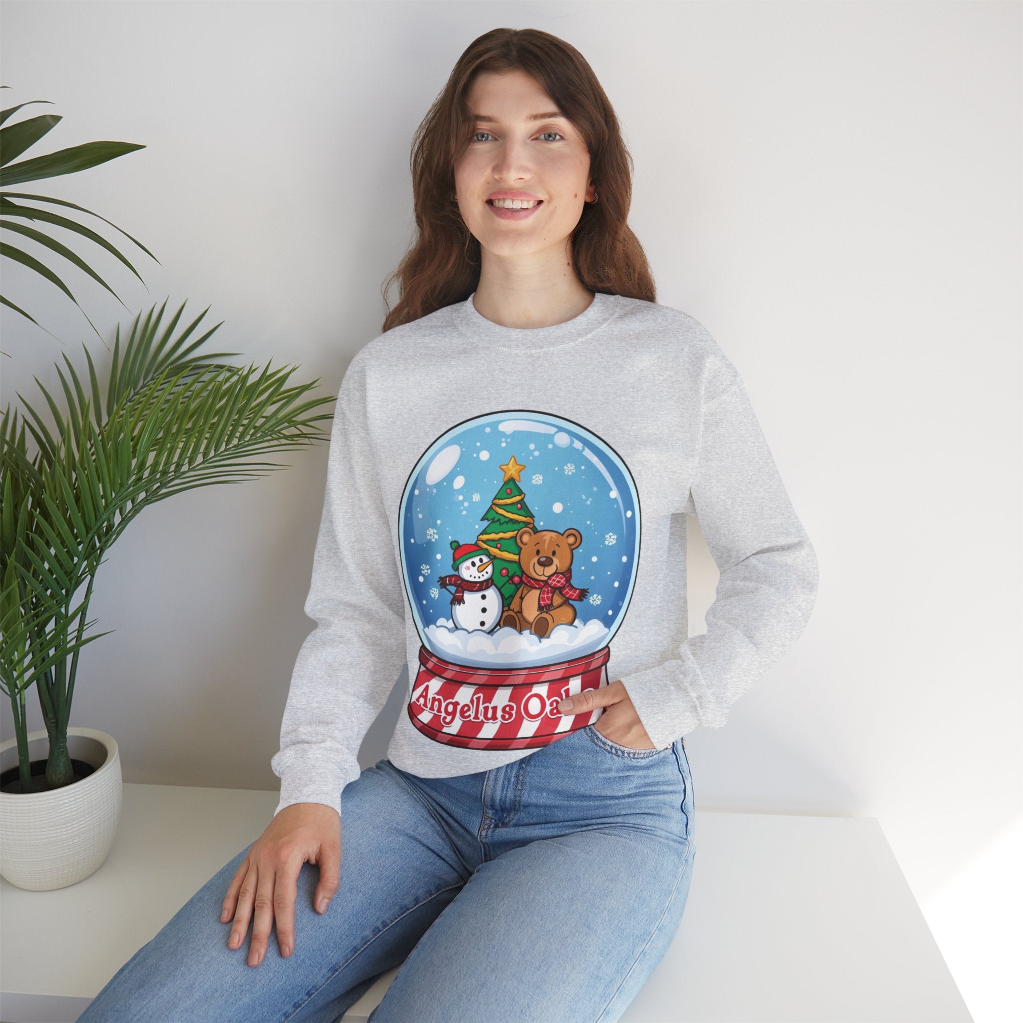 Angelus Oaks Christmas Sweatshirt – Snow Globe Bear & Snowman Crewneck | Cozy Mountain Town Holiday Sweater | Gildan 18000