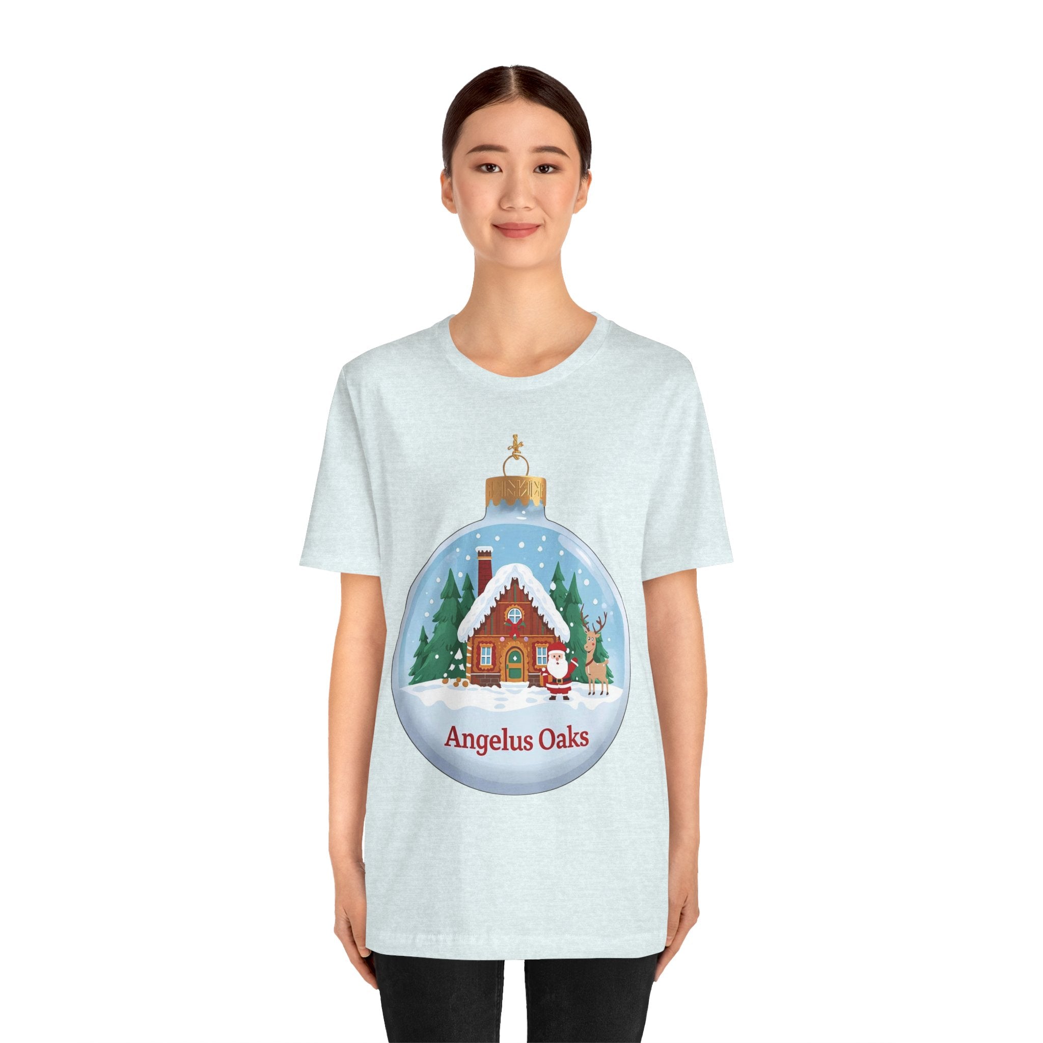 Angelus Oaks Christmas Shirt – Santa & Reindeer Cabin Ornament Tee | Mountain Town Holiday Shirt | Bella Canvas 3001