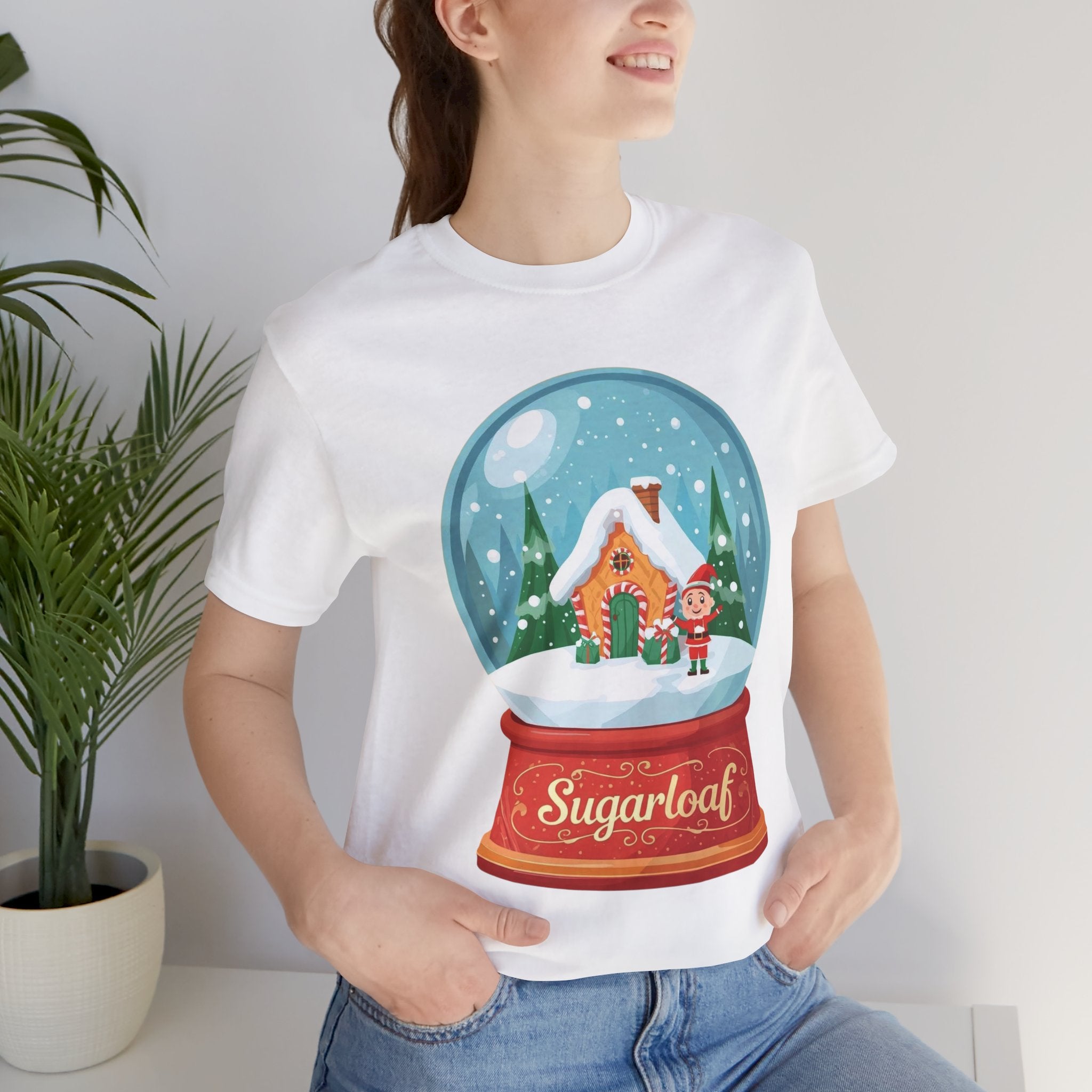 Sugarloaf Christmas Shirt – Snow Globe Elf & Candy Cottage Scene Tee | Mountain Town Christmas Gift | Bella Canvas 3001