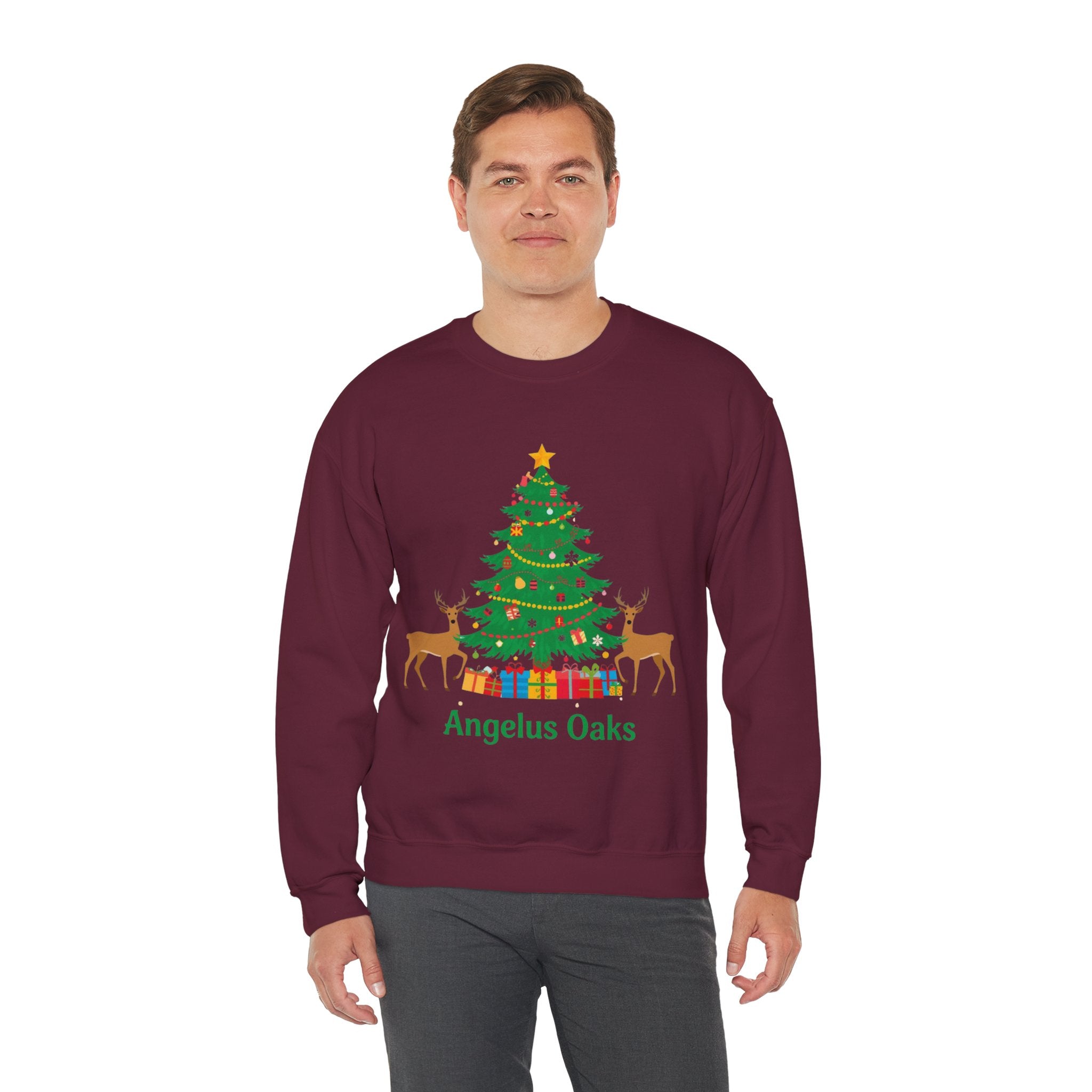 Angelus Oaks Christmas Sweatshirt – Christmas Tree & Deer Holiday Crewneck | Mountain Town Christmas Sweater | Gildan 18000
