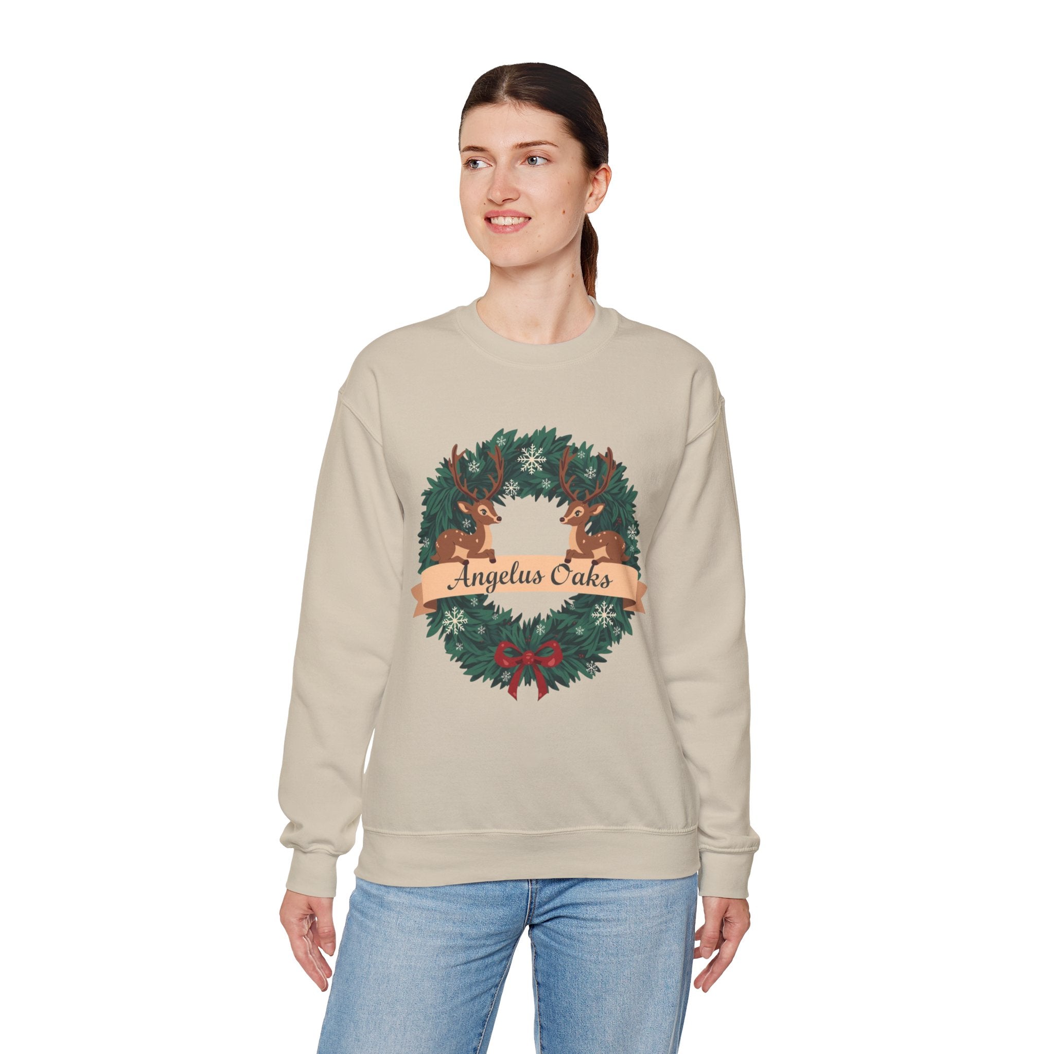 Angelus Oaks Christmas Sweatshirt – Deer Wreath Holiday Crewneck | Cozy Mountain Town Christmas Sweater | Gildan 18000