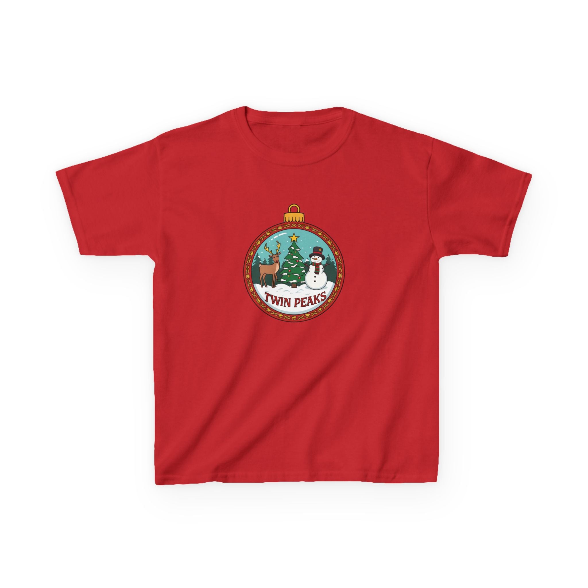 Twin Peaks Christmas Shirt – Snowman & Deer Ornament Scene Tee | Mountain Town Christmas Gift | Gildan 5000B