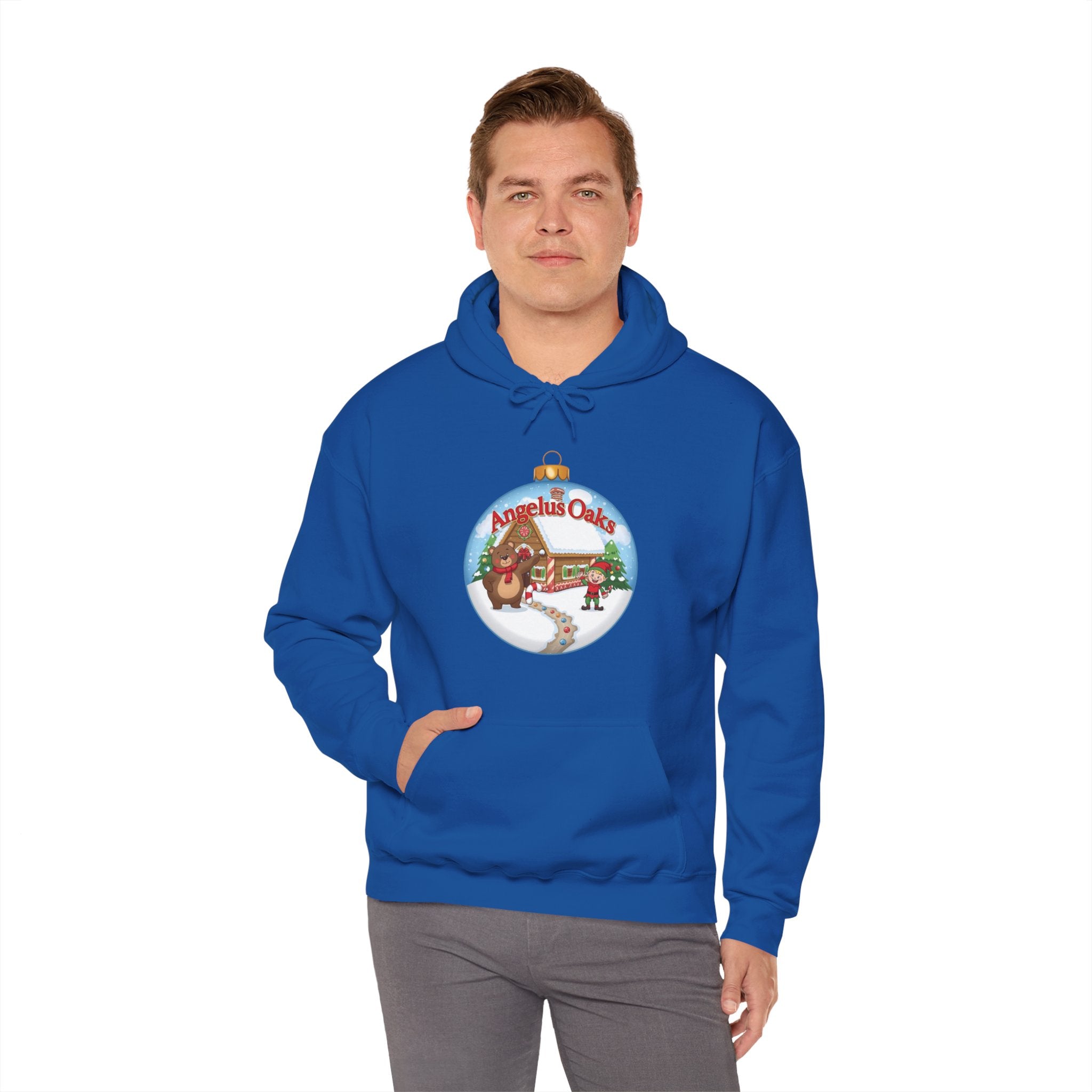 Angelus Oaks Christmas Hoodie – Bear & Elf Gingerbread Holiday Hoodie | Cute Mountain Town Christmas Sweater | Gildan 18500