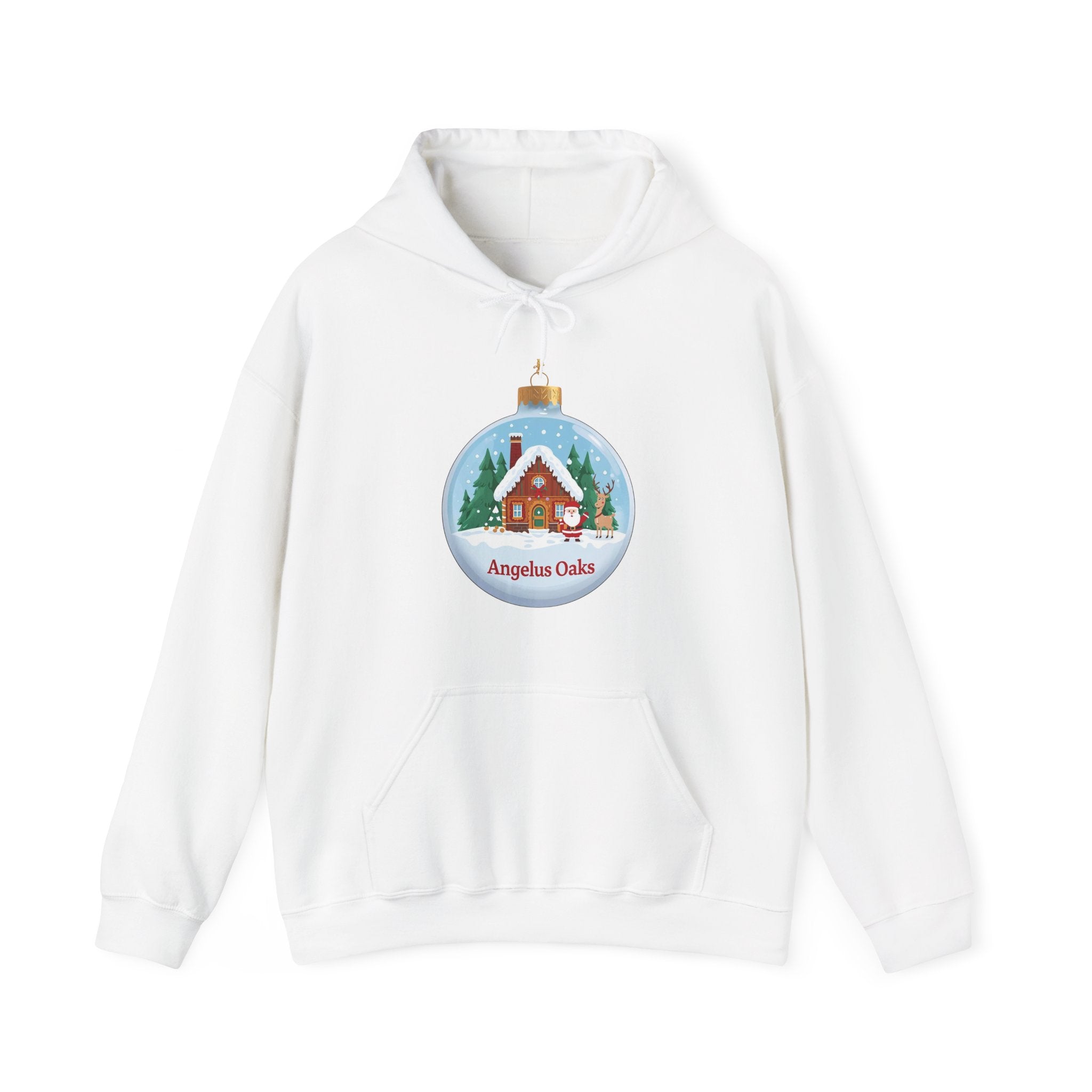 Angelus Oaks Christmas Hoodie – Santa & Reindeer Cabin Ornament Hoodie | Cozy Mountain Town Christmas Sweater | Gildan 18500