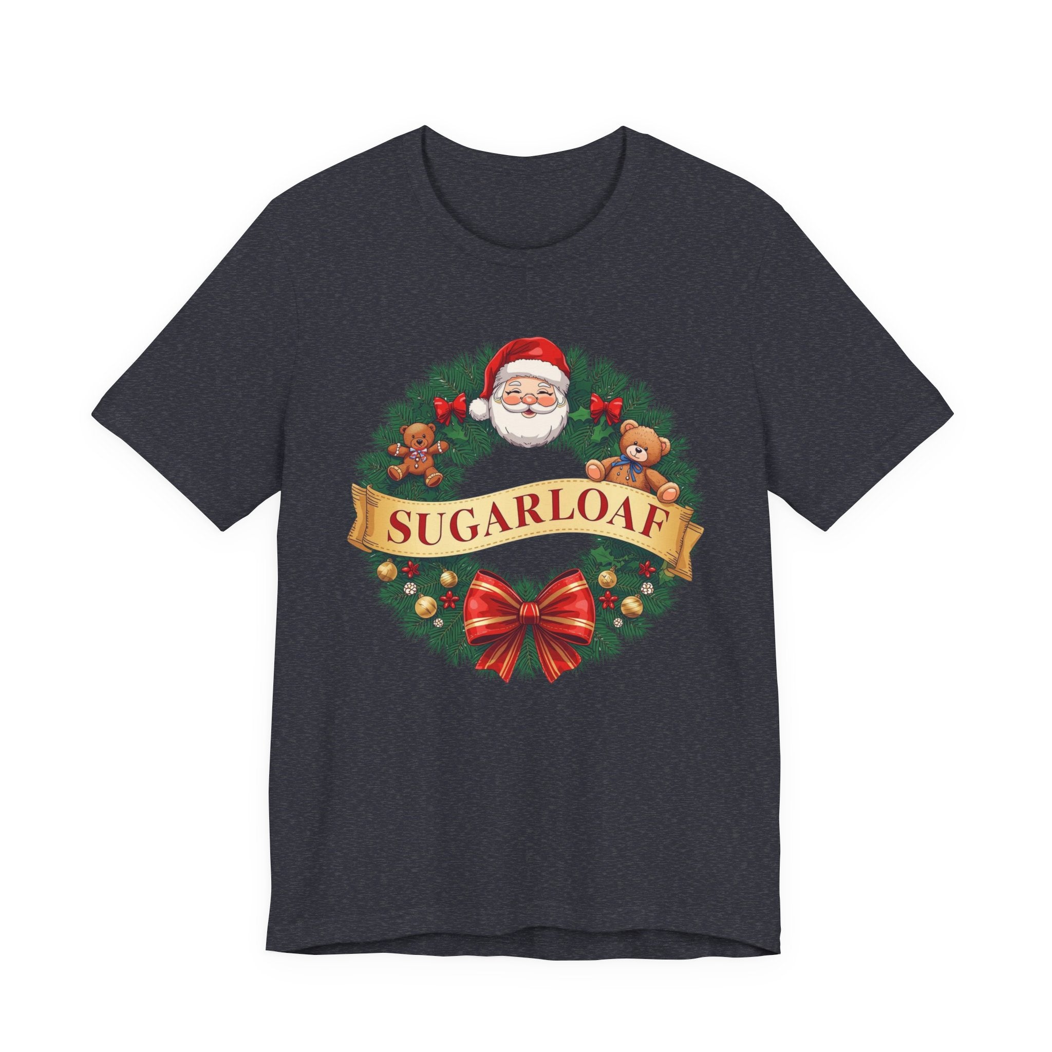 Sugarloaf Christmas Shirt – Santa & Teddy Bear Wreath Tee | Mountain Town Christmas Gift | Bella Canvas 3001