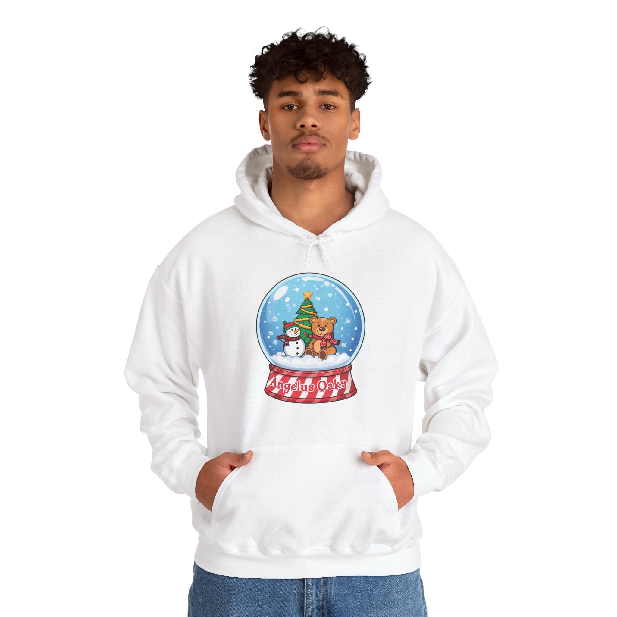 Angelus Oaks Christmas Hoodie – Snow Globe Bear & Snowman Holiday Hoodie | Cozy Mountain Town Christmas Sweater | Gildan 18500