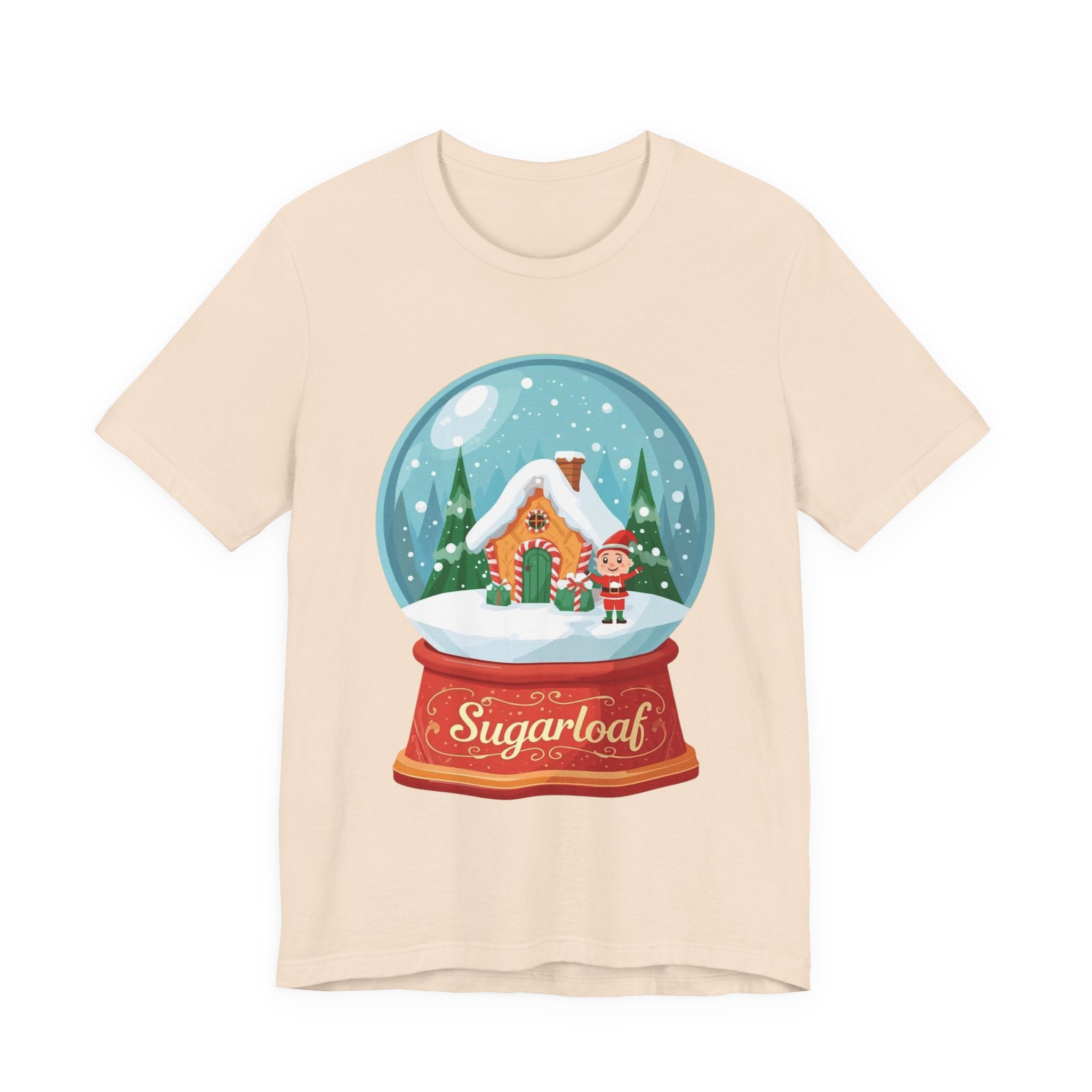 Sugarloaf Christmas Shirt – Snow Globe Elf & Candy Cottage Scene Tee | Mountain Town Christmas Gift | Bella Canvas 3001