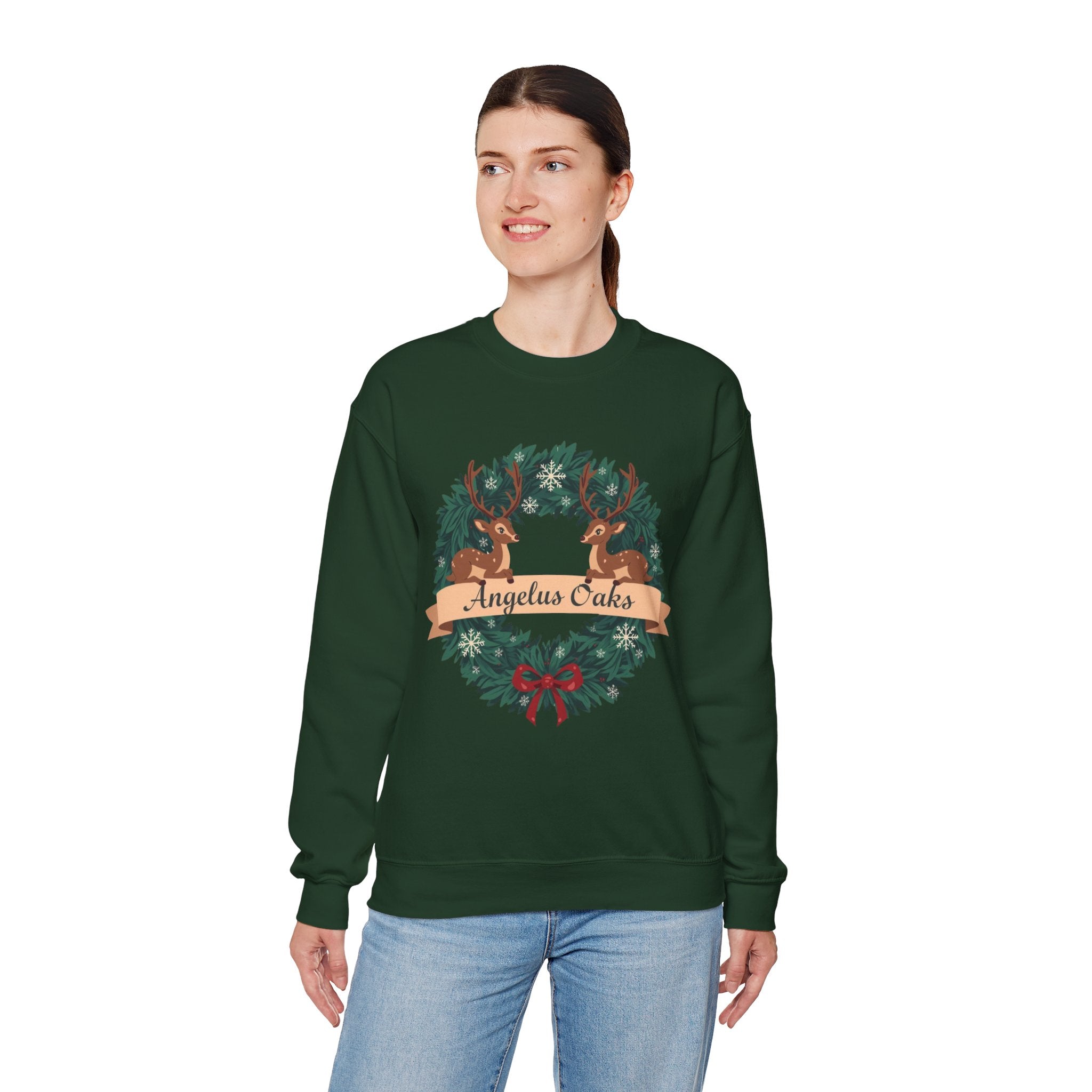 Angelus Oaks Christmas Sweatshirt – Deer Wreath Holiday Crewneck | Cozy Mountain Town Christmas Sweater | Gildan 18000