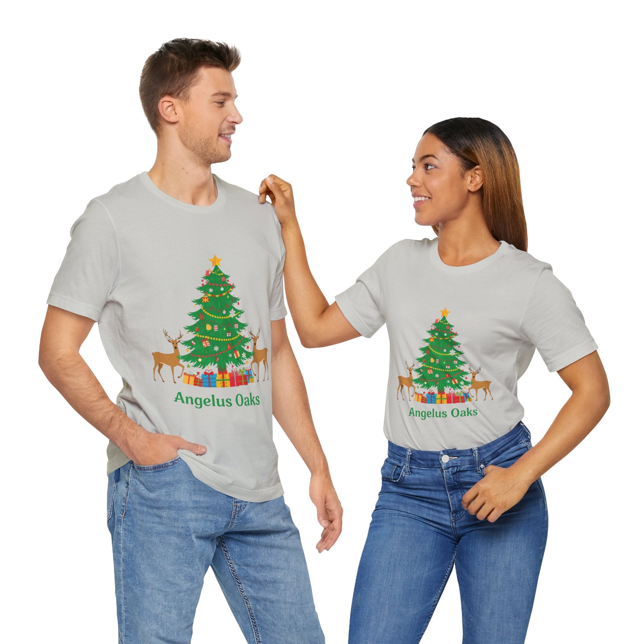 Angelus Oaks Christmas Shirt – Christmas Tree & Deer Holiday Tee | Mountain Town Christmas Shirt | Bella Canvas 3001