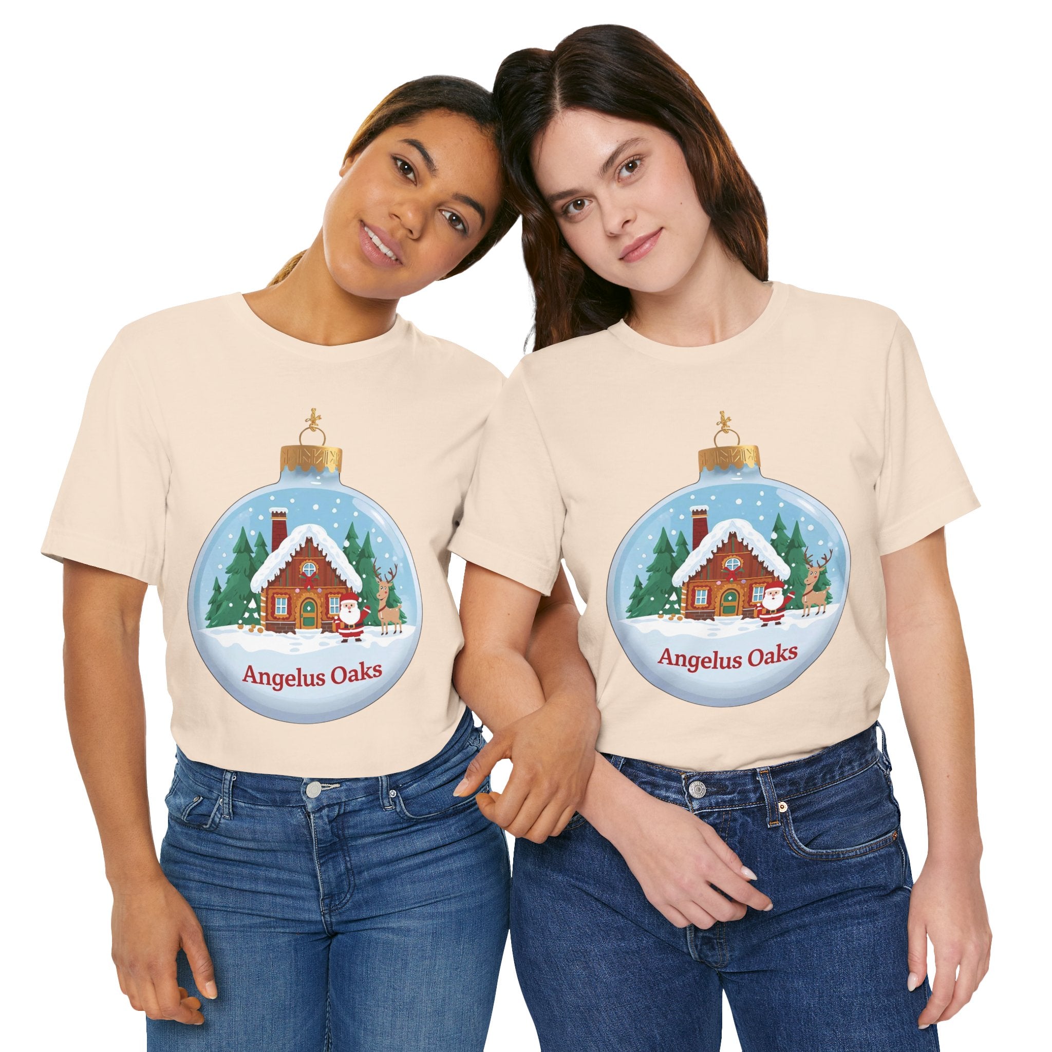 Angelus Oaks Christmas Shirt – Santa & Reindeer Cabin Ornament Tee | Mountain Town Holiday Shirt | Bella Canvas 3001