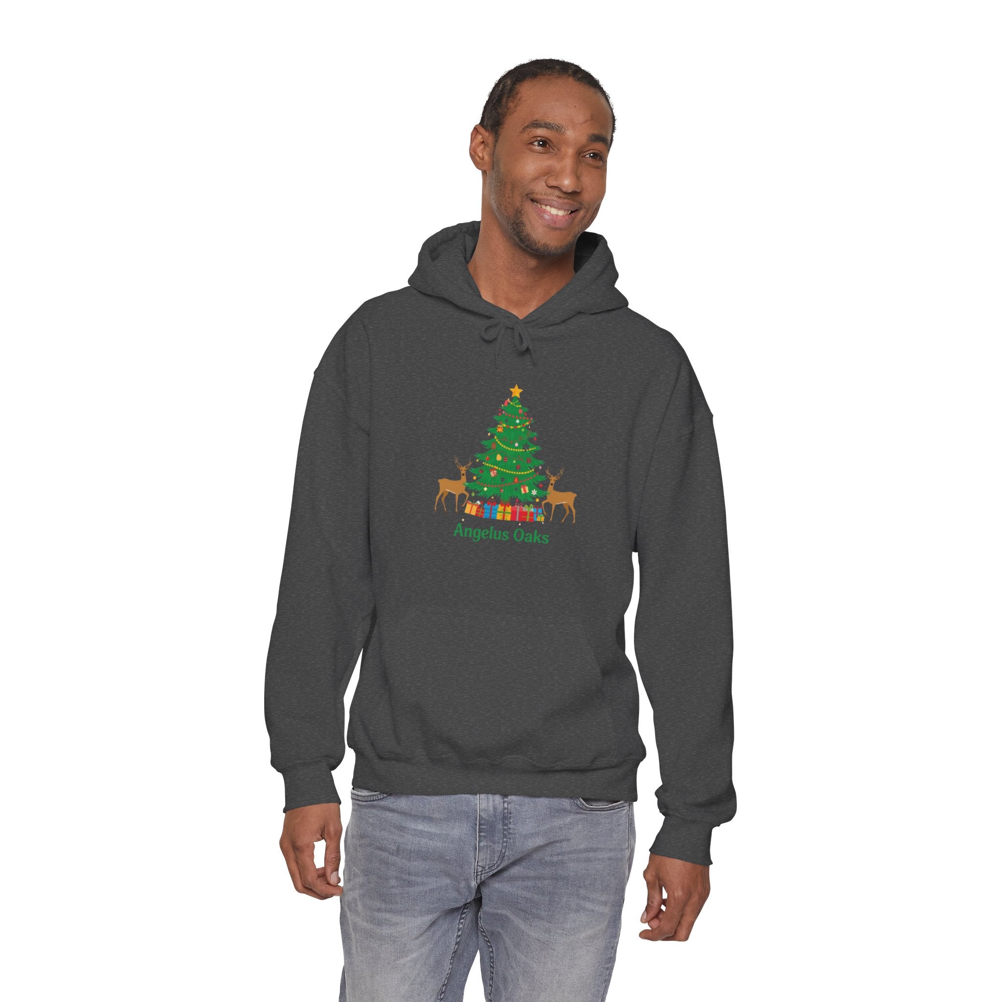 Angelus Oaks Christmas Hoodie – Christmas Tree & Deer Holiday Hoodie | Cozy Mountain Town Christmas Sweater | Gildan 18500