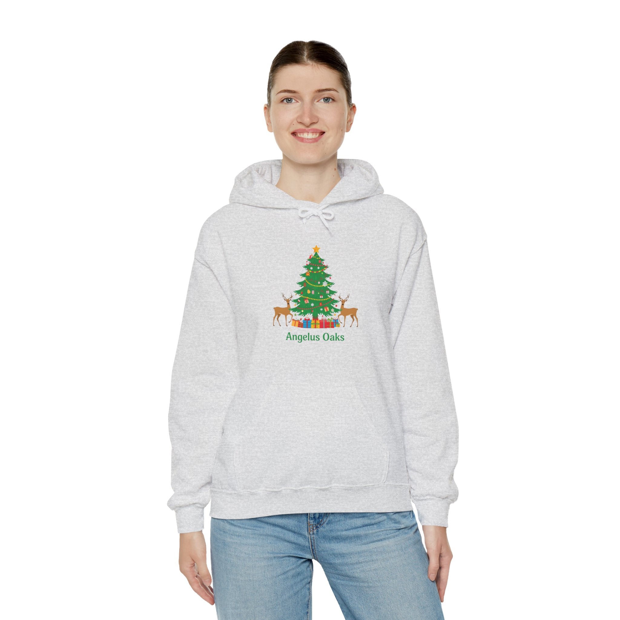 Angelus Oaks Christmas Hoodie – Christmas Tree & Deer Holiday Hoodie | Cozy Mountain Town Christmas Sweater | Gildan 18500