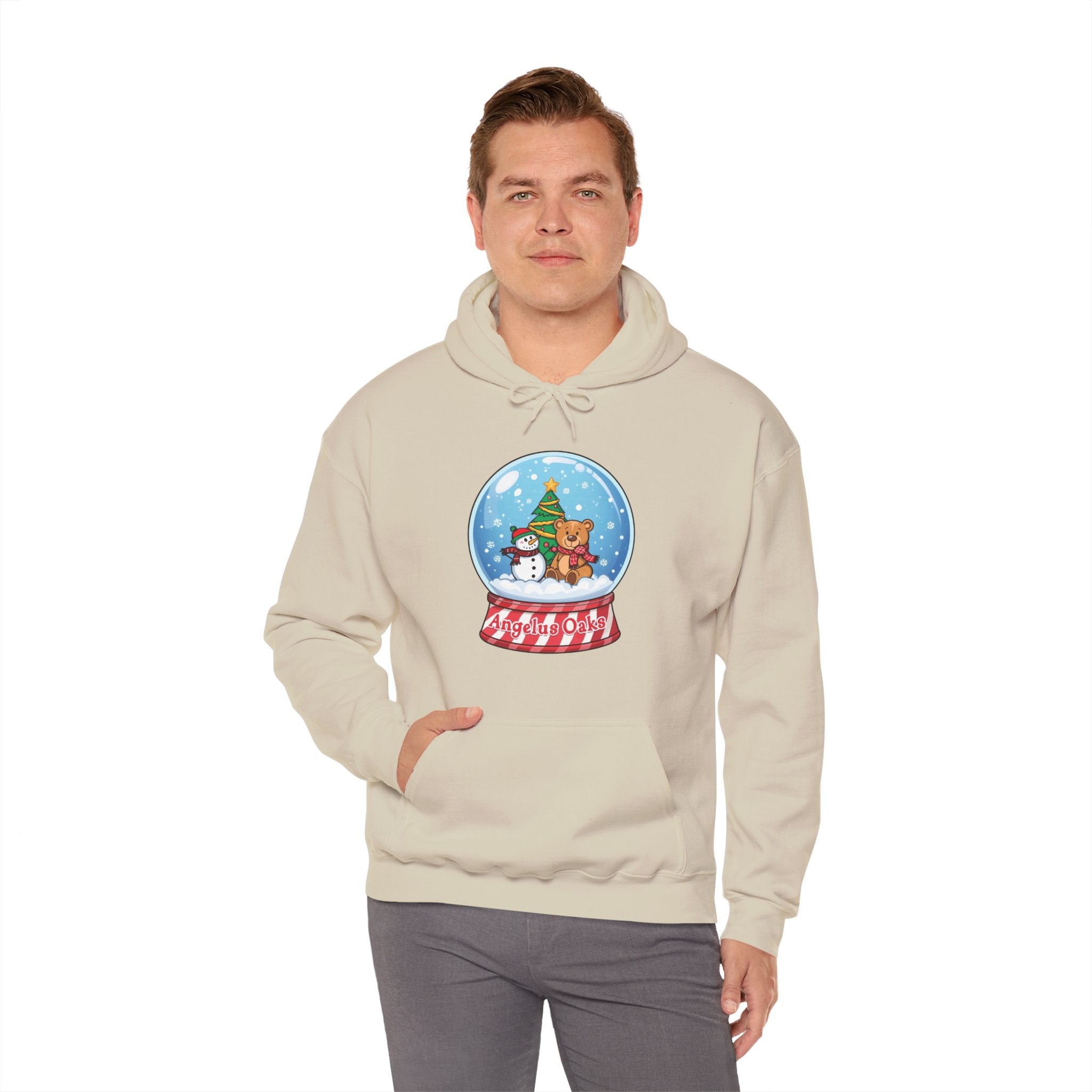 Angelus Oaks Christmas Hoodie – Snow Globe Bear & Snowman Holiday Hoodie | Cozy Mountain Town Christmas Sweater | Gildan 18500