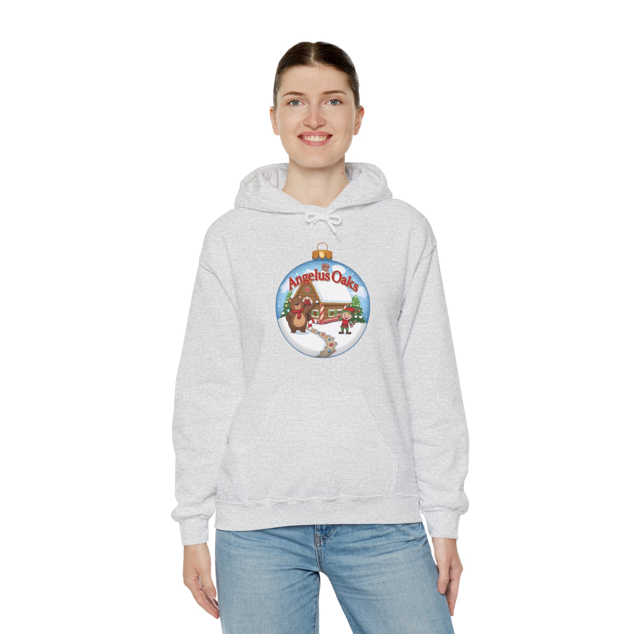 Angelus Oaks Christmas Hoodie – Bear & Elf Gingerbread Holiday Hoodie | Cute Mountain Town Christmas Sweater | Gildan 18500