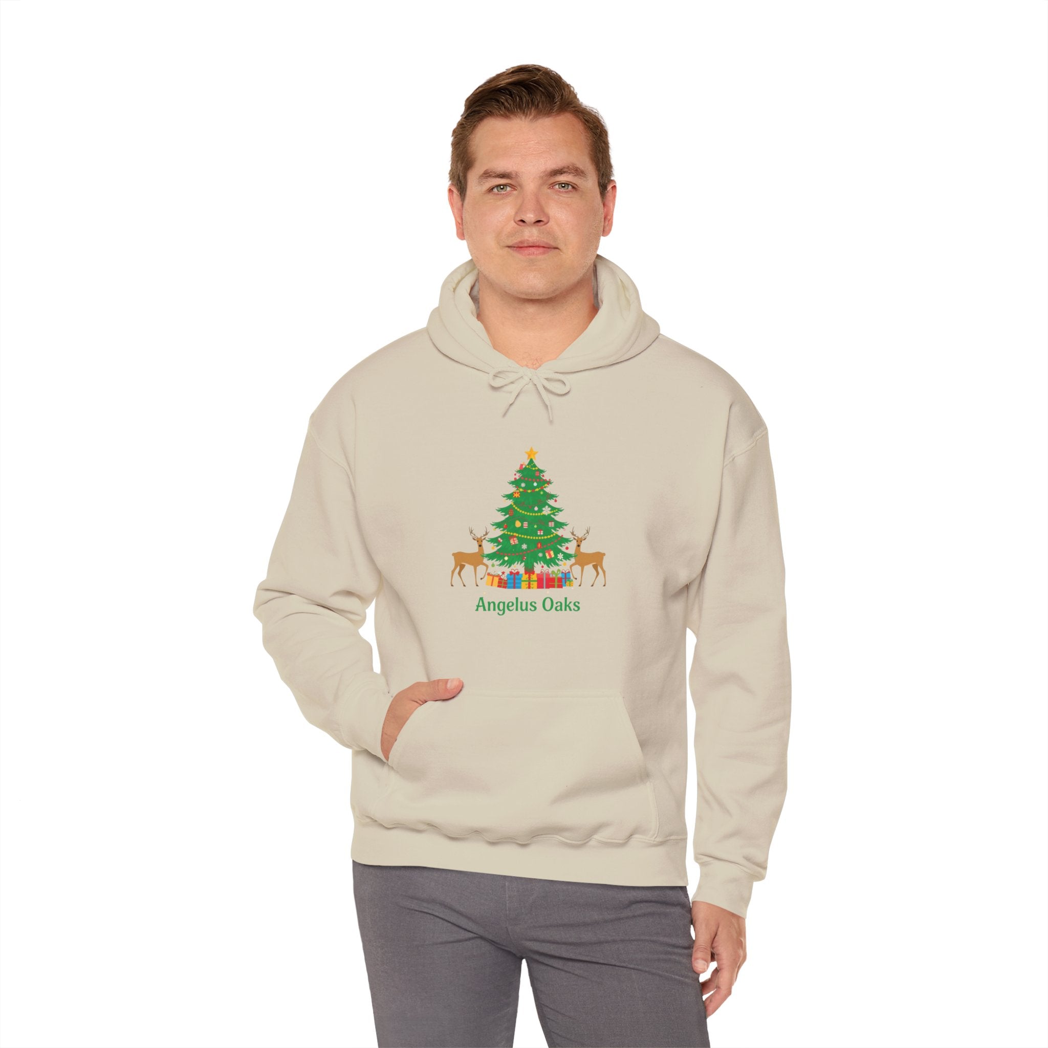 Angelus Oaks Christmas Hoodie – Christmas Tree & Deer Holiday Hoodie | Cozy Mountain Town Christmas Sweater | Gildan 18500