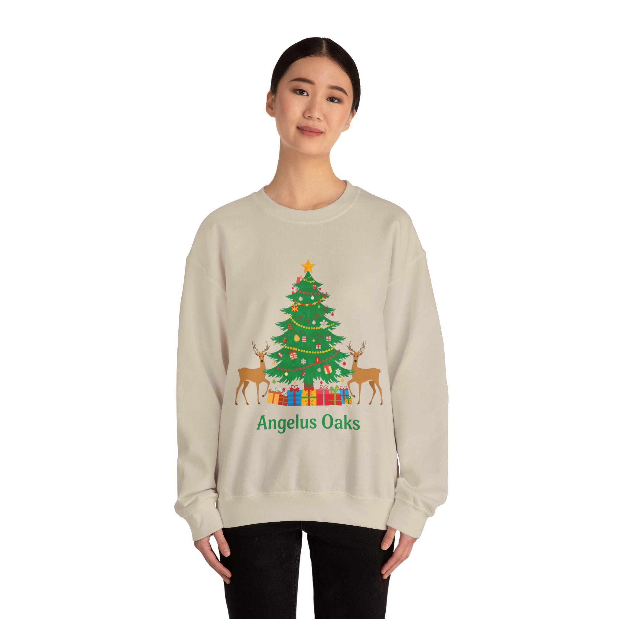 Angelus Oaks Christmas Sweatshirt – Christmas Tree & Deer Holiday Crewneck | Mountain Town Christmas Sweater | Gildan 18000