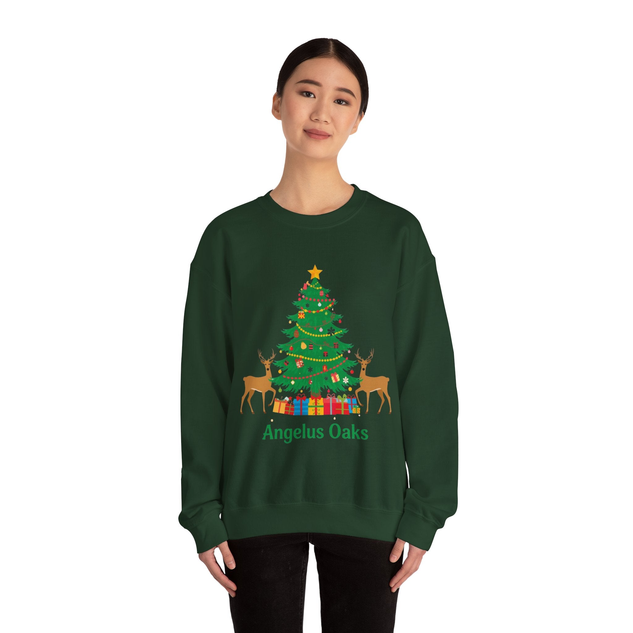 Angelus Oaks Christmas Sweatshirt – Christmas Tree & Deer Holiday Crewneck | Mountain Town Christmas Sweater | Gildan 18000