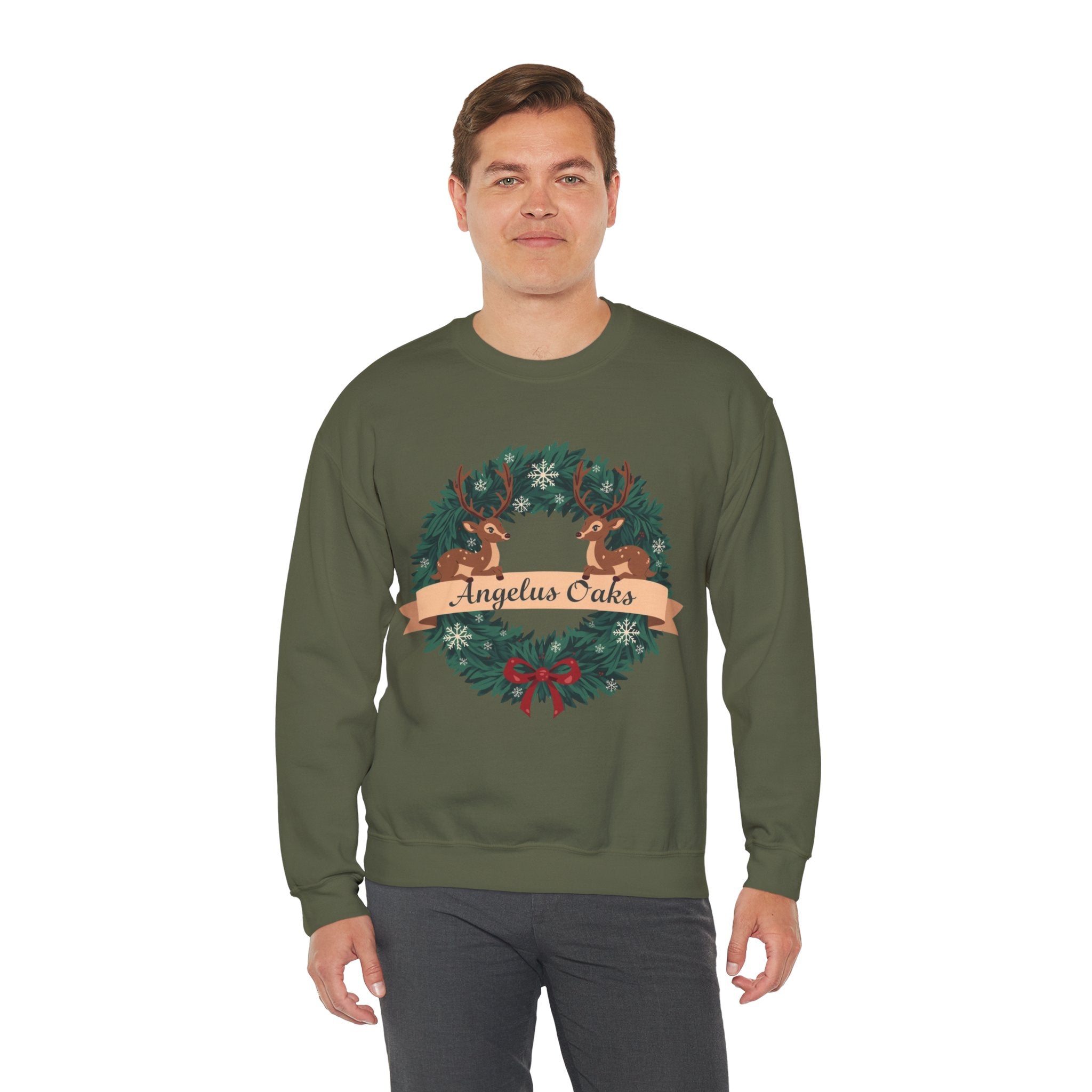Angelus Oaks Christmas Sweatshirt – Deer Wreath Holiday Crewneck | Cozy Mountain Town Christmas Sweater | Gildan 18000