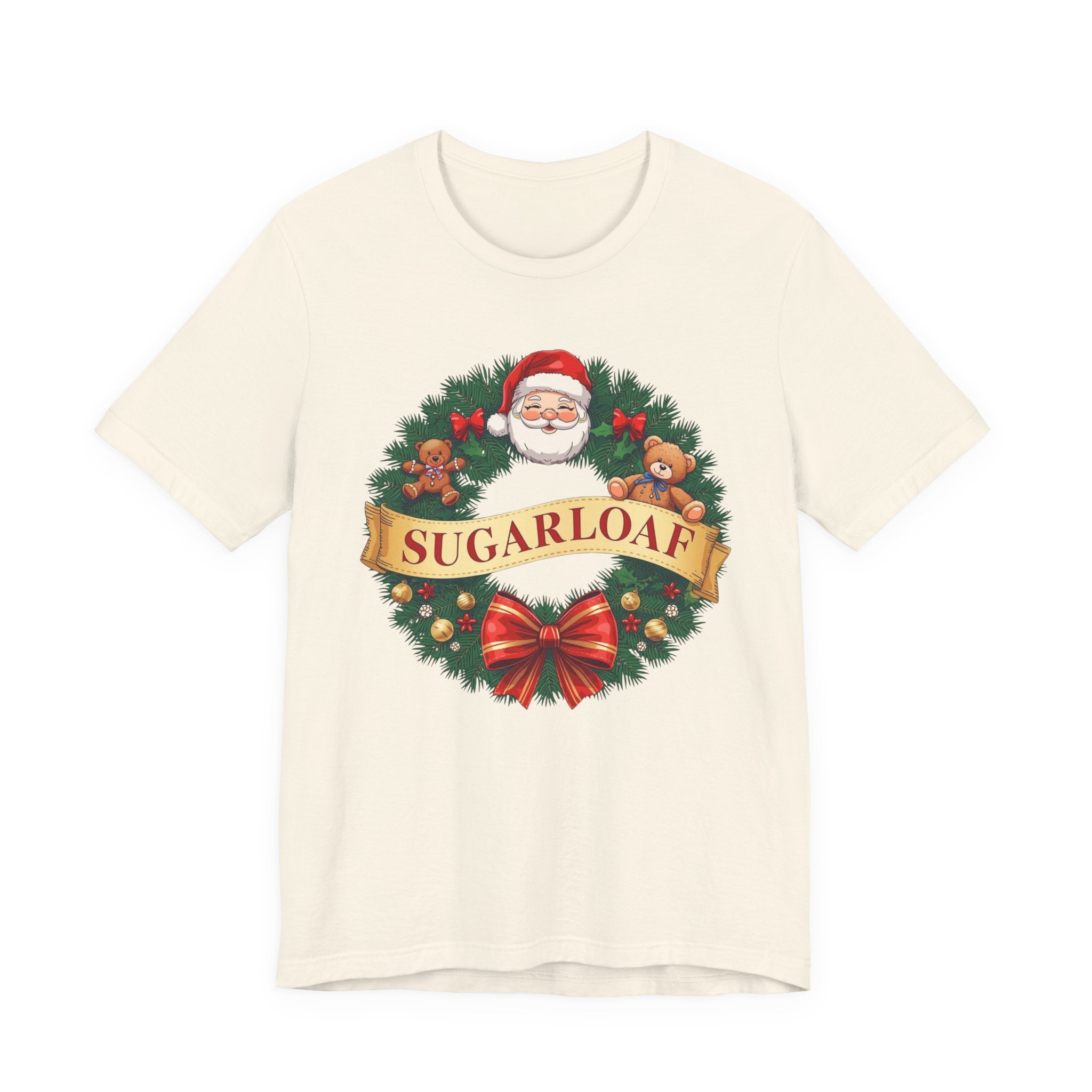 Sugarloaf Christmas Shirt – Santa & Teddy Bear Wreath Tee | Mountain Town Christmas Gift | Bella Canvas 3001