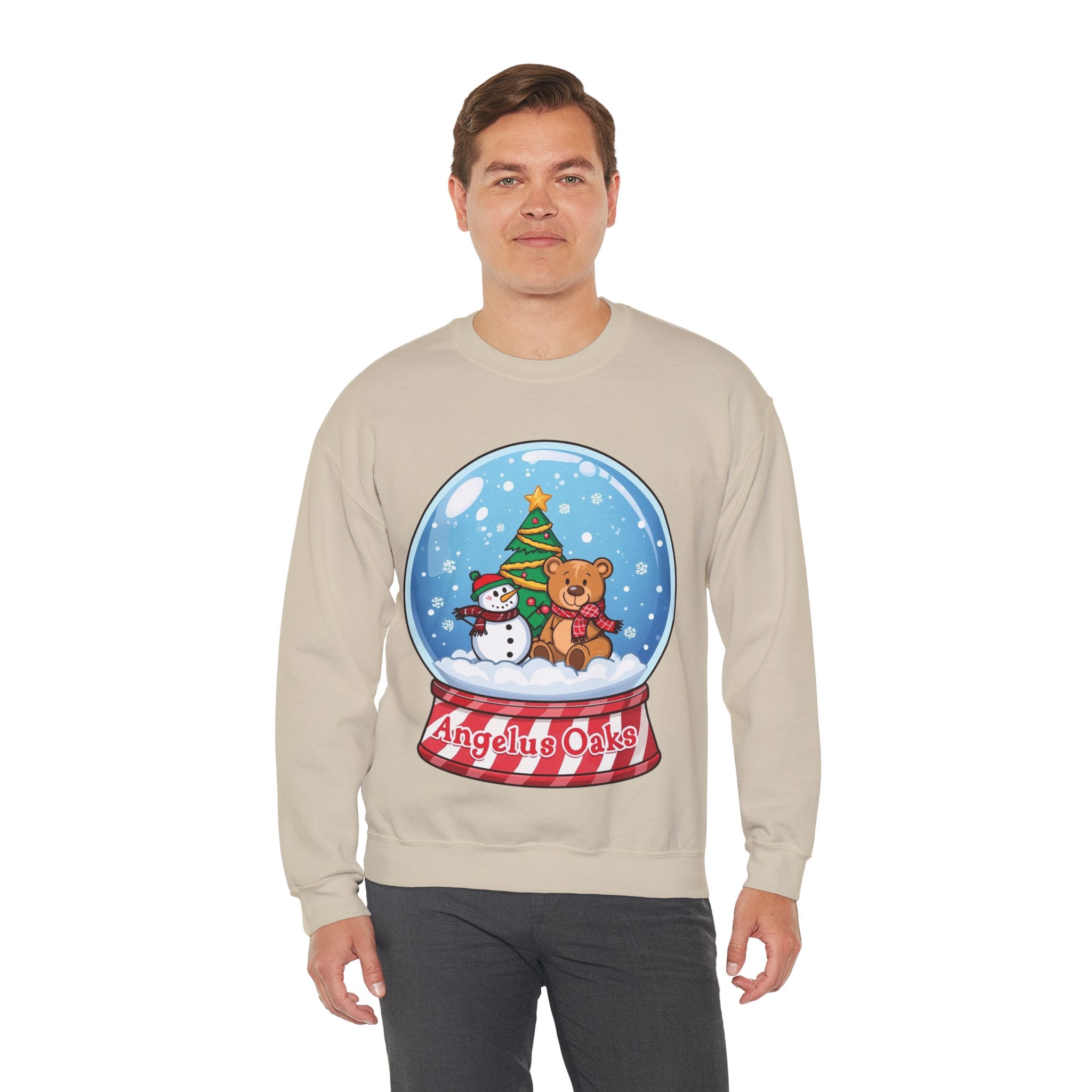 Angelus Oaks Christmas Sweatshirt – Snow Globe Bear & Snowman Crewneck | Cozy Mountain Town Holiday Sweater | Gildan 18000