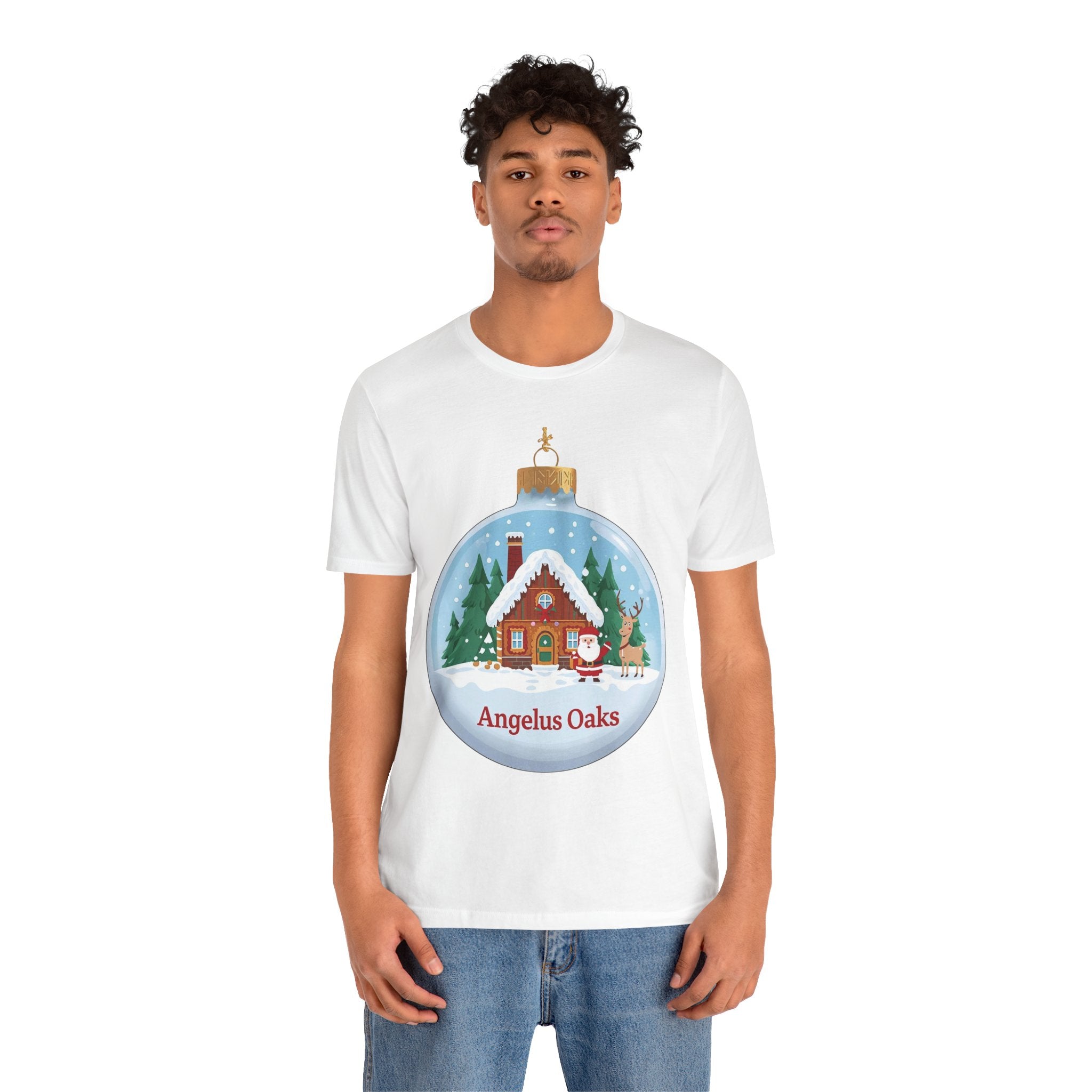 Angelus Oaks Christmas Shirt – Santa & Reindeer Cabin Ornament Tee | Mountain Town Holiday Shirt | Bella Canvas 3001