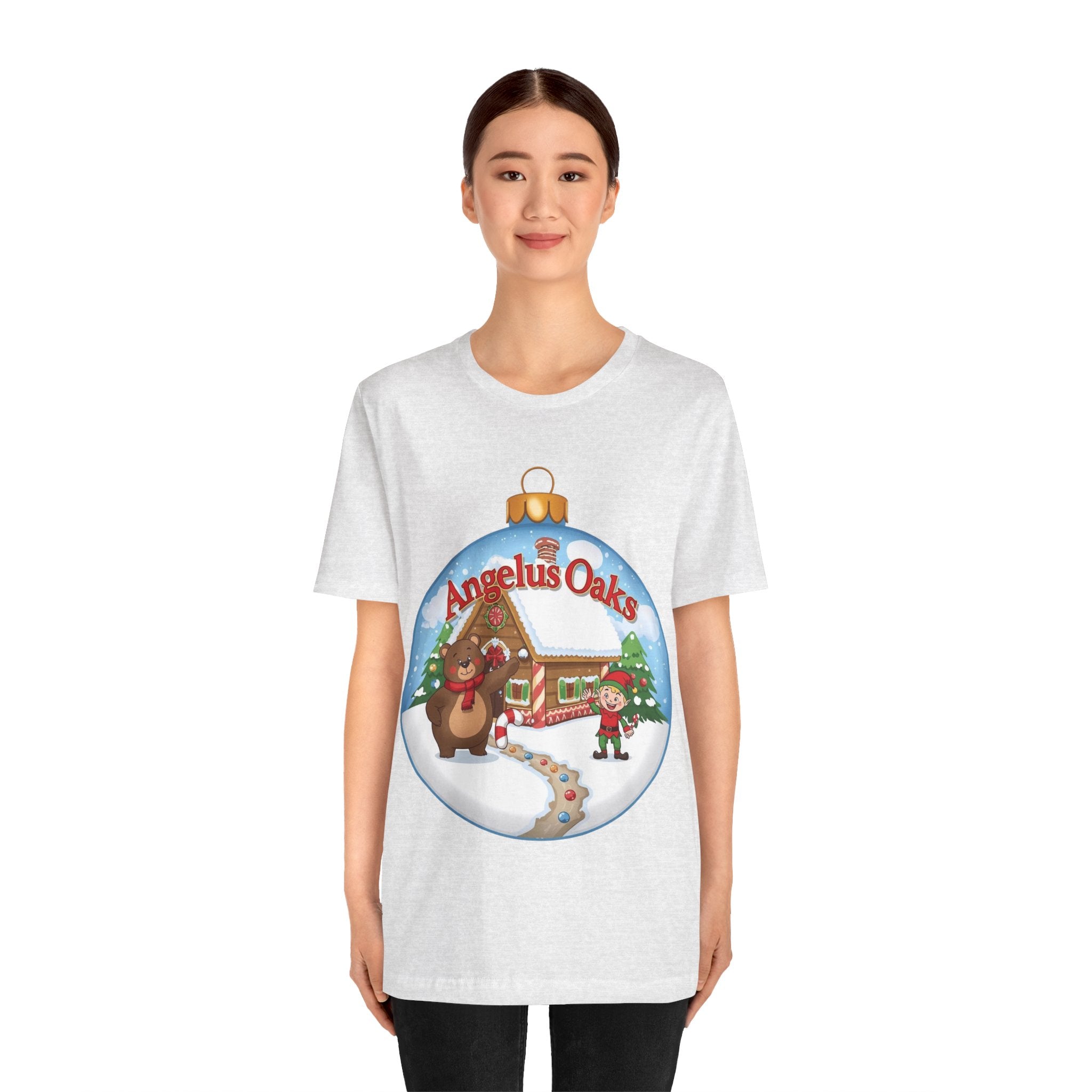 Angelus Oaks Christmas Shirt – Bear & Elf Gingerbread Holiday Tee | Cute Mountain Town Christmas Shirt | Bella Canvas 3001