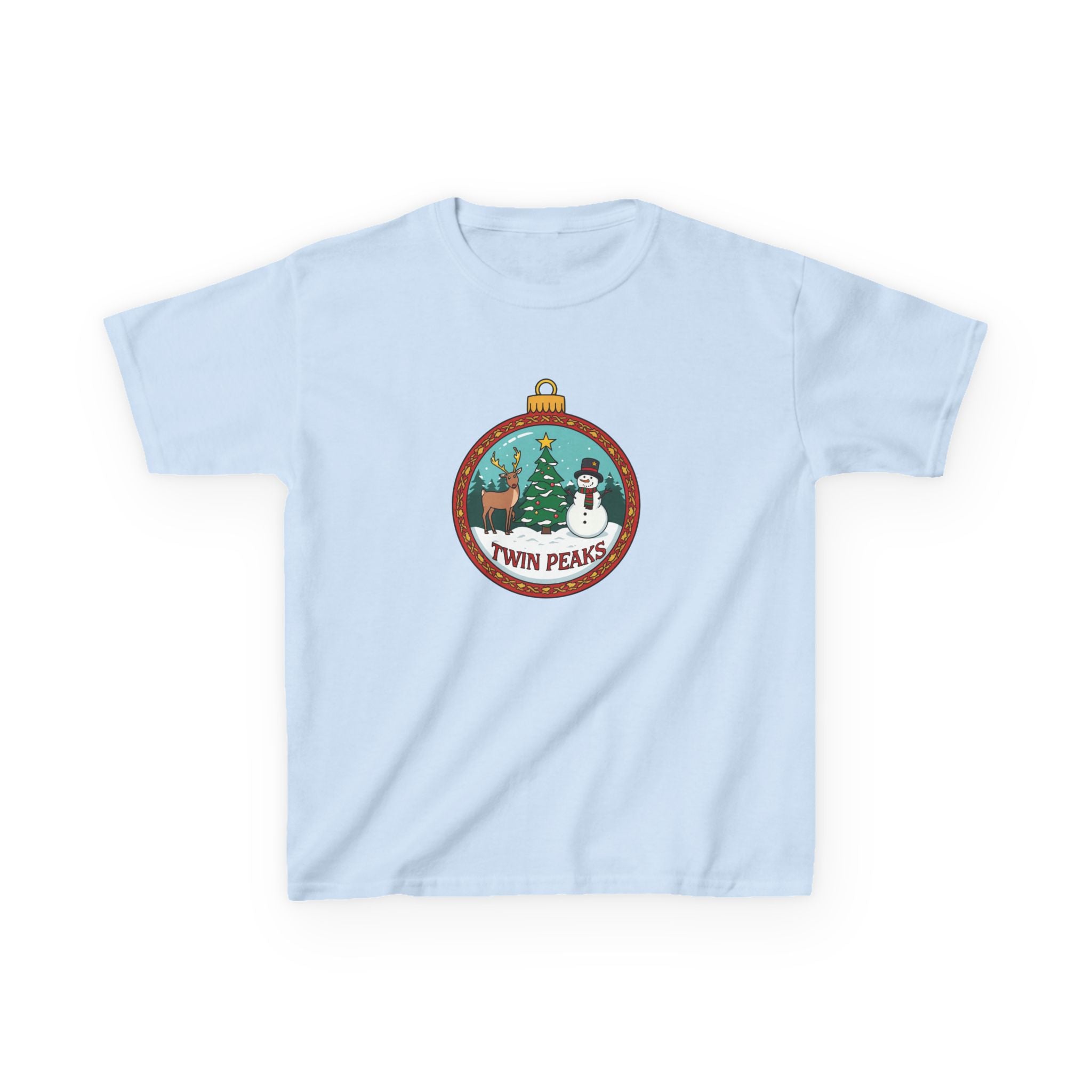 Twin Peaks Christmas Shirt – Snowman & Deer Ornament Scene Tee | Mountain Town Christmas Gift | Gildan 5000B
