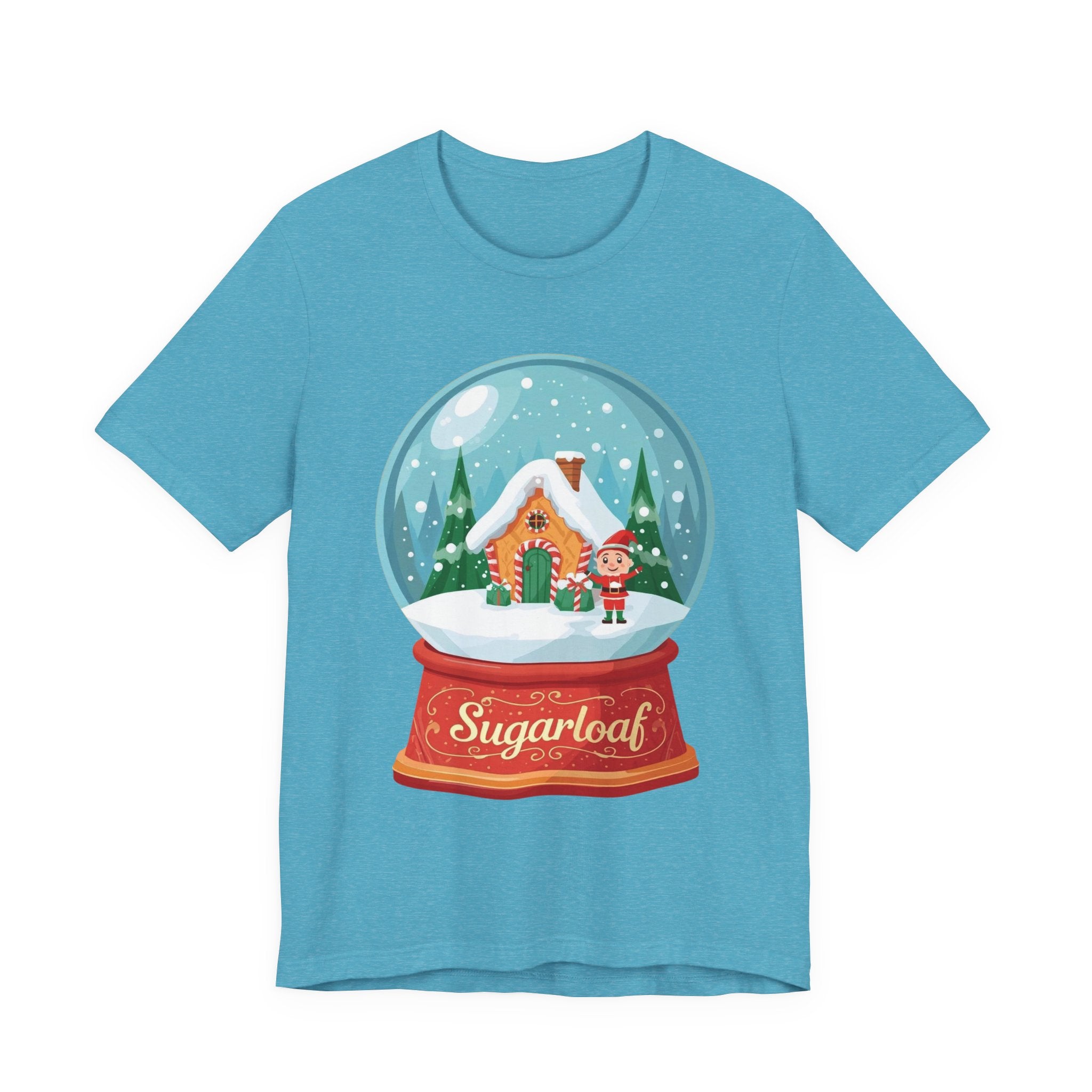 Sugarloaf Christmas Shirt – Snow Globe Elf & Candy Cottage Scene Tee | Mountain Town Christmas Gift | Bella Canvas 3001