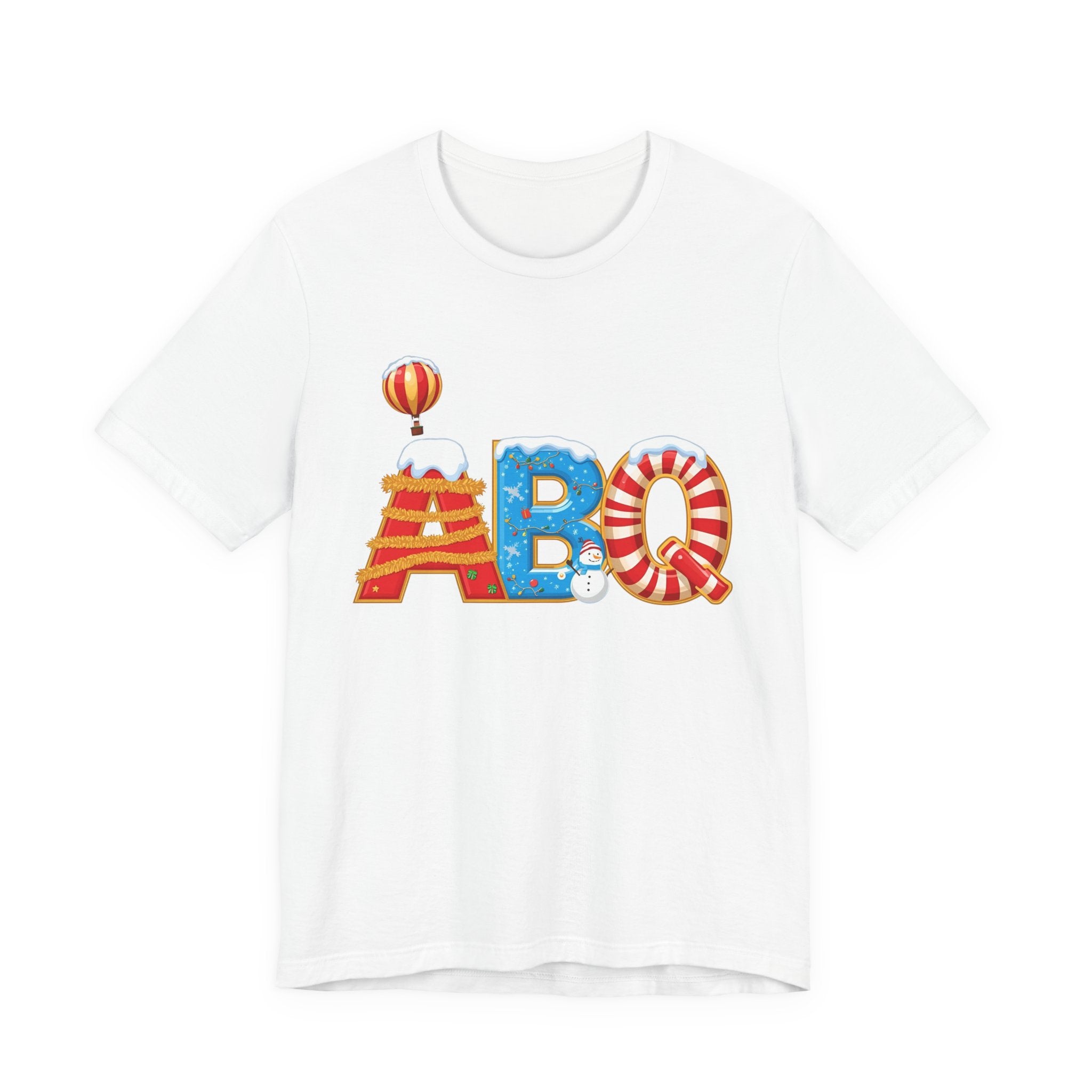 ABQ Christmas Shirt – Hot Air Balloon Candy Cane Letters Tee | Christmas Gift | Bella Canvas 3001