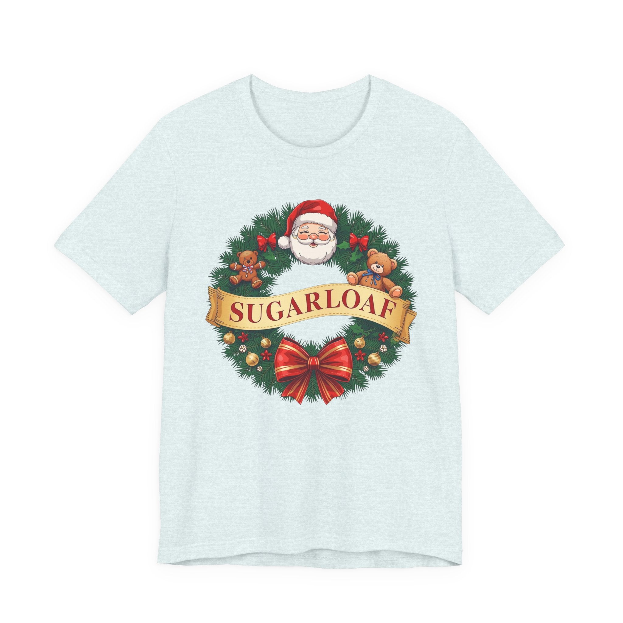 Sugarloaf Christmas Shirt – Santa & Teddy Bear Wreath Tee | Mountain Town Christmas Gift | Bella Canvas 3001